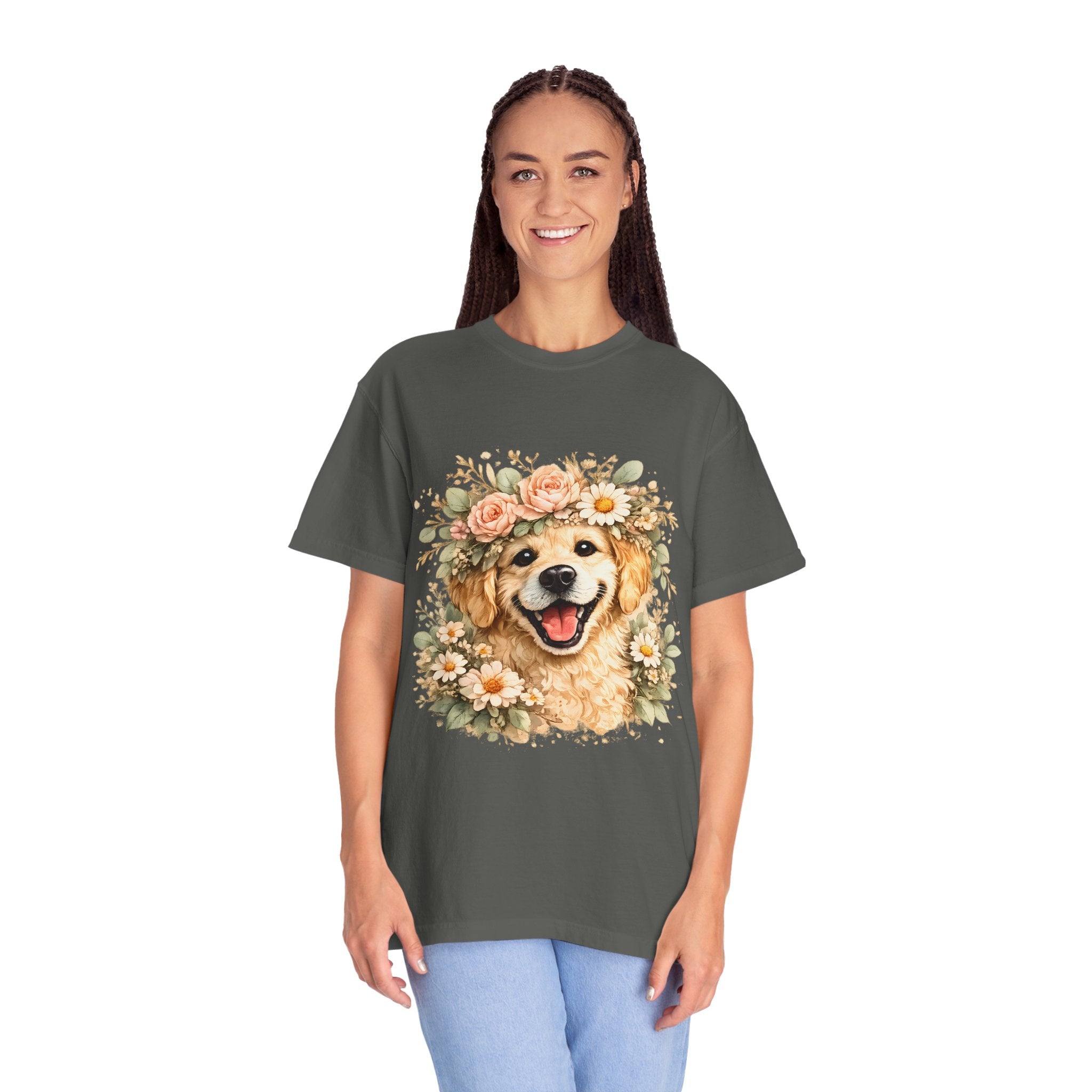 Golden Retriever Floral Crown T-Shirt — Cute Dog Tee for Pet Lovers Printify