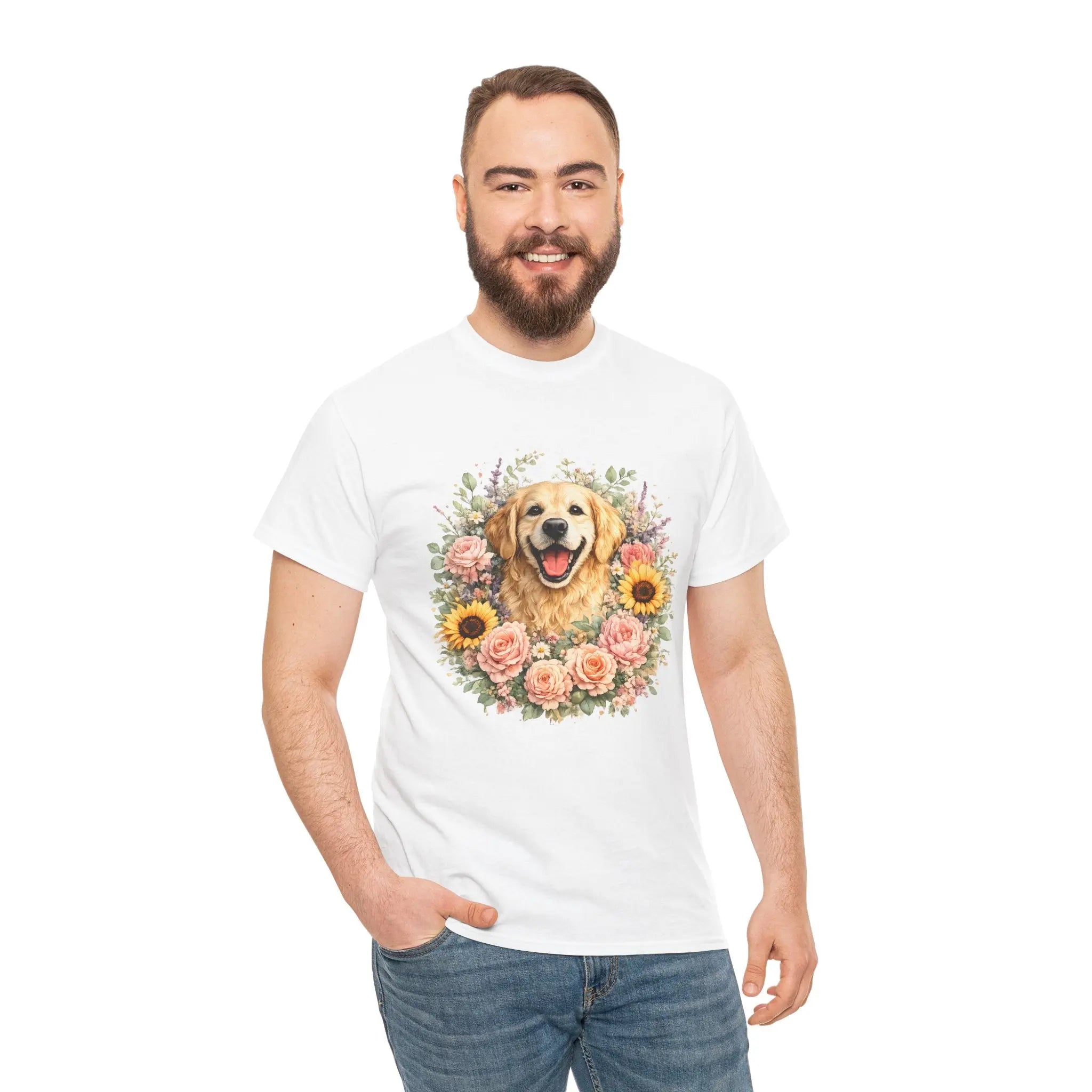 Golden Retriever Floral Tee — Happy Dog with Sunflowers & Roses Printify