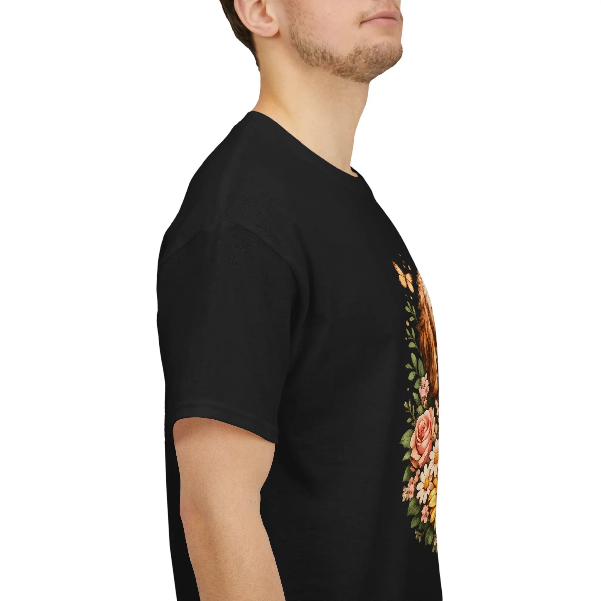 Golden Retriever Floral Tee — Happy Dog with Sunflowers Graphic T-Shirt Printify
