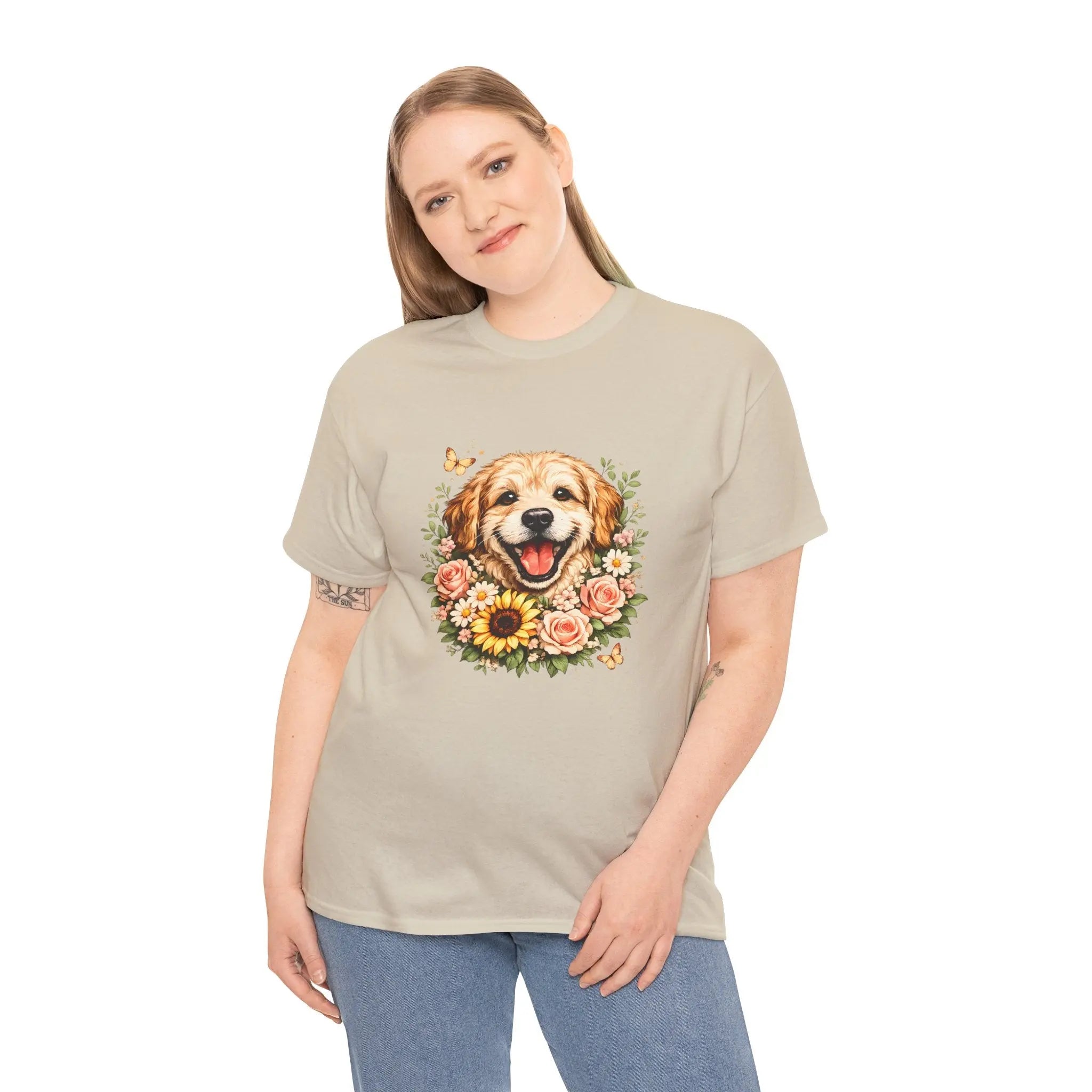 Golden Retriever Floral Tee — Happy Dog with Sunflowers Graphic T-Shirt Printify