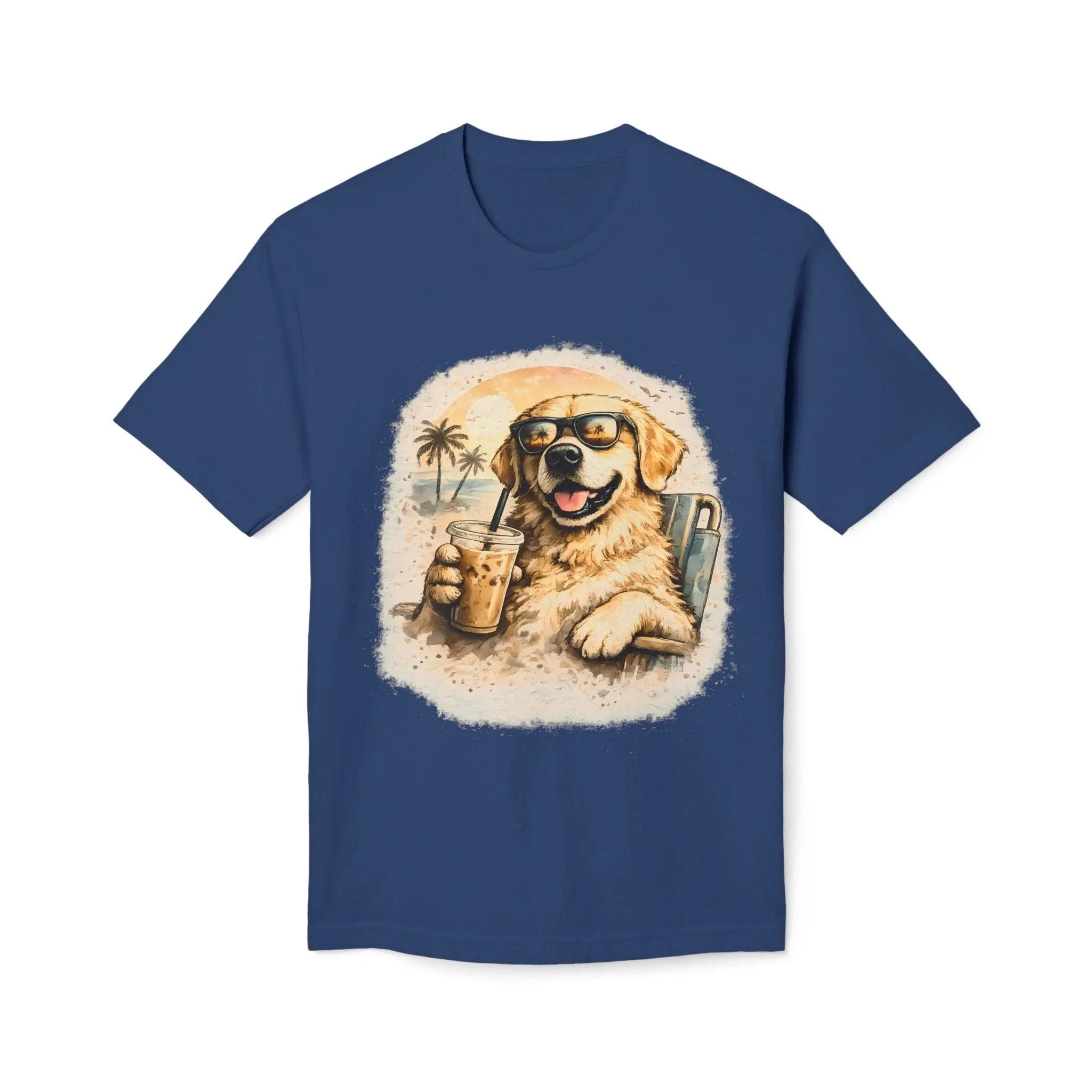 Golden Retriever Beach T-Shirt — Dog with Sunglasses & Drink Printify