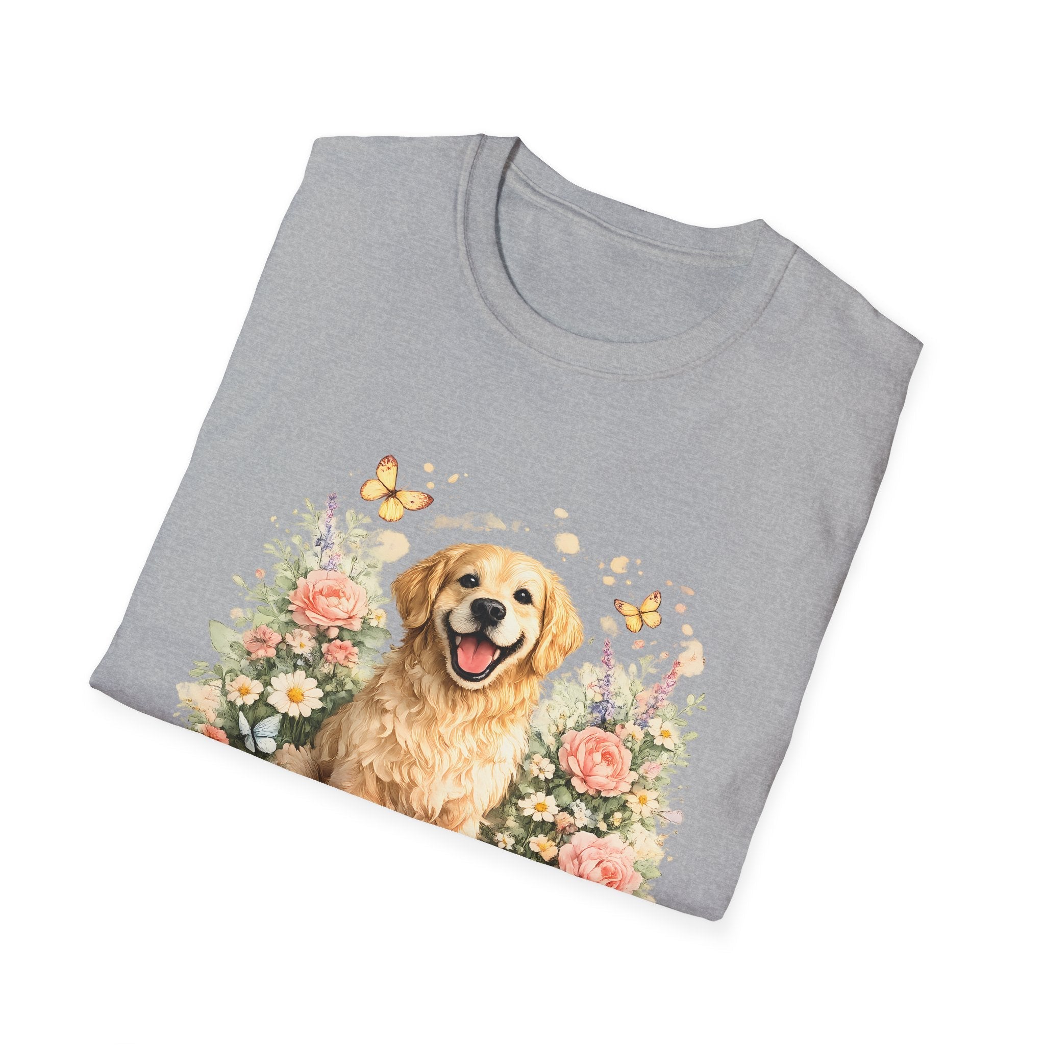 Golden Retriever Floral T-Shirt — Cute Dog with Butterflies Design Printify