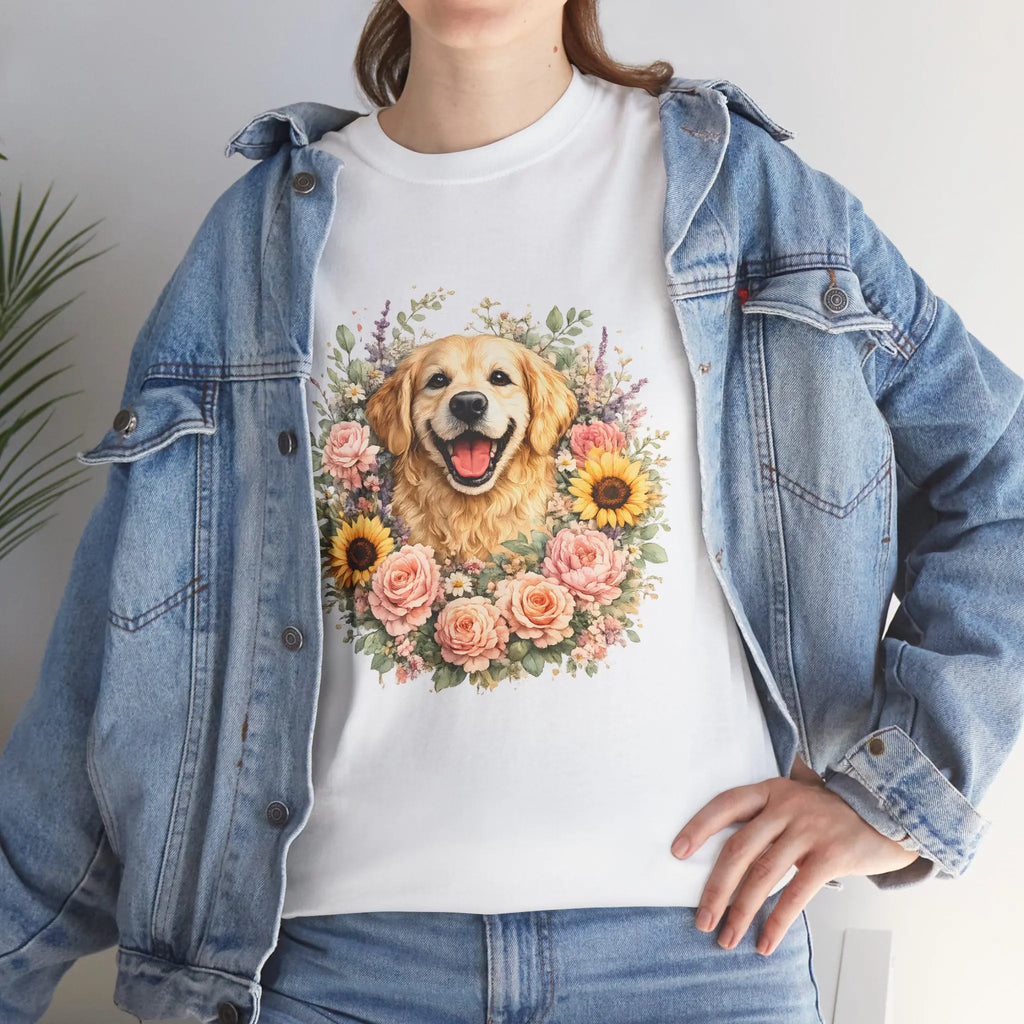 Golden Retriever Floral Tee — Happy Dog with Sunflowers & Roses Printify