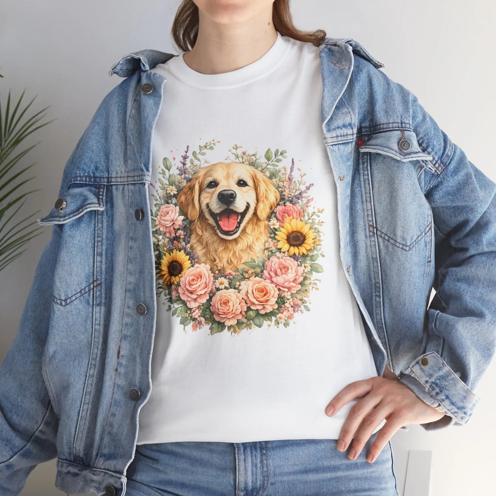 Golden Retriever Floral Tee — Happy Dog with Sunflowers & Roses Printify