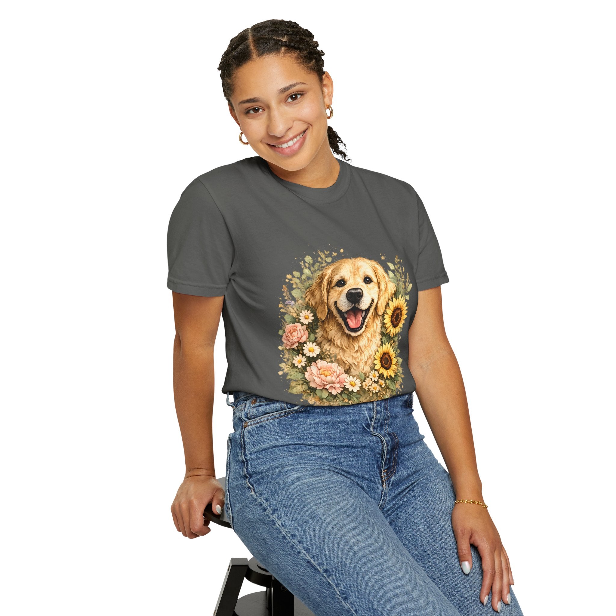 Golden Retriever Sunflower T-Shirt — Happy Dog Floral Tee Printify