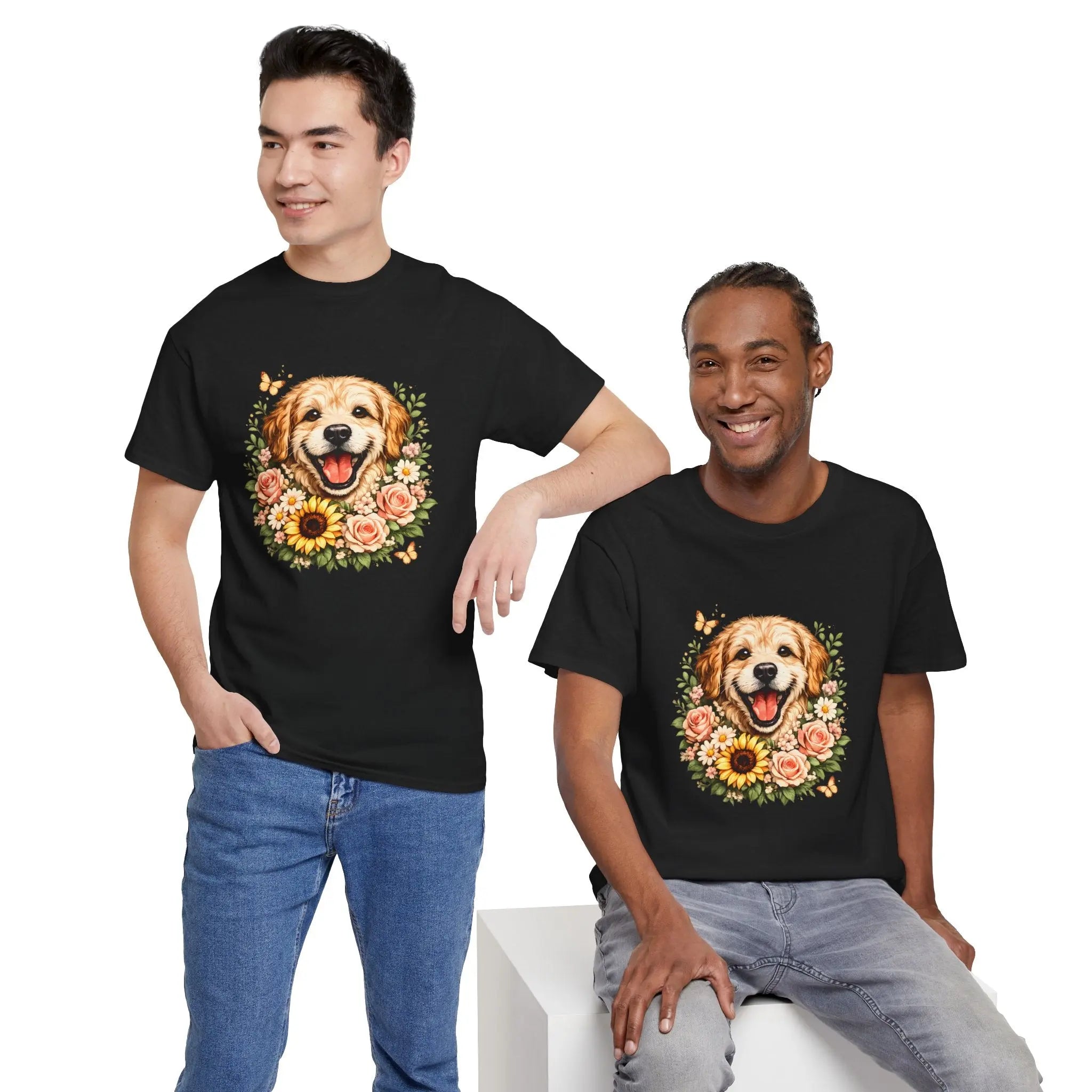 Golden Retriever Floral Tee — Happy Dog with Sunflowers Graphic T-Shirt Printify