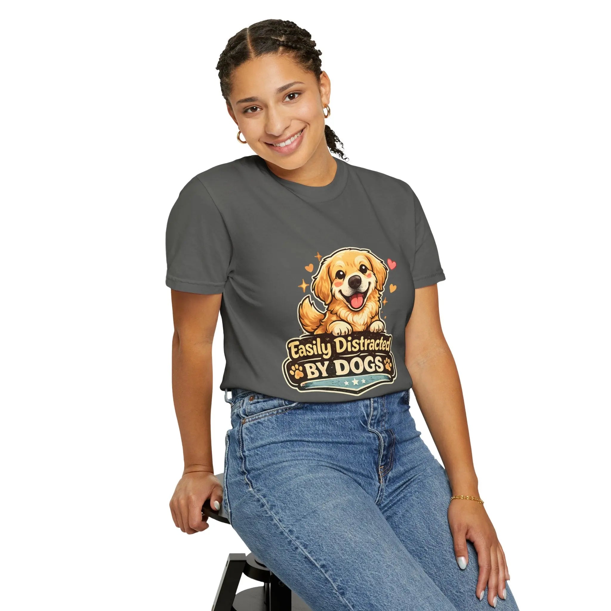 Dog Lover T-Shirt - "Easily Distracted By Dogs" Cute Golden Retriever Tee