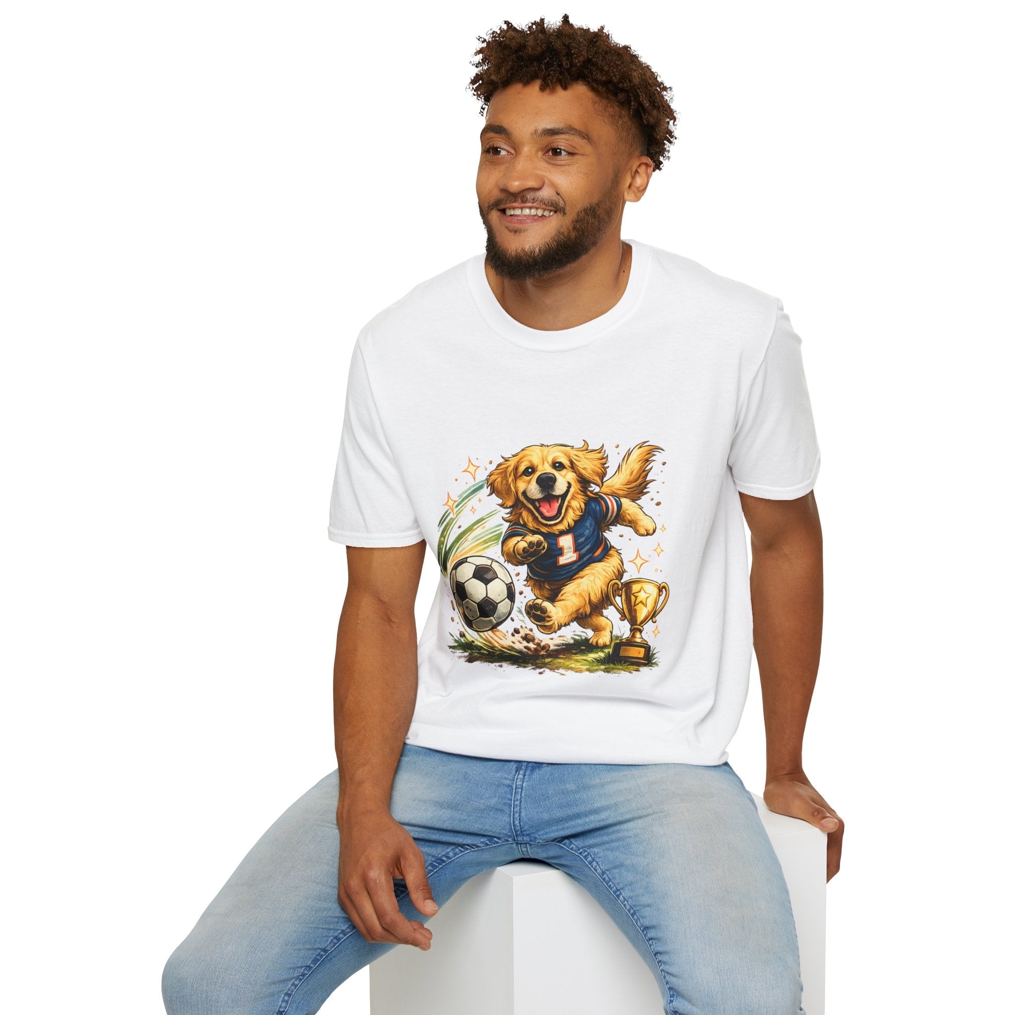 Golden Retriever Soccer T-Shirt — Cute Dog Playing Soccer Graphic Tee Printify