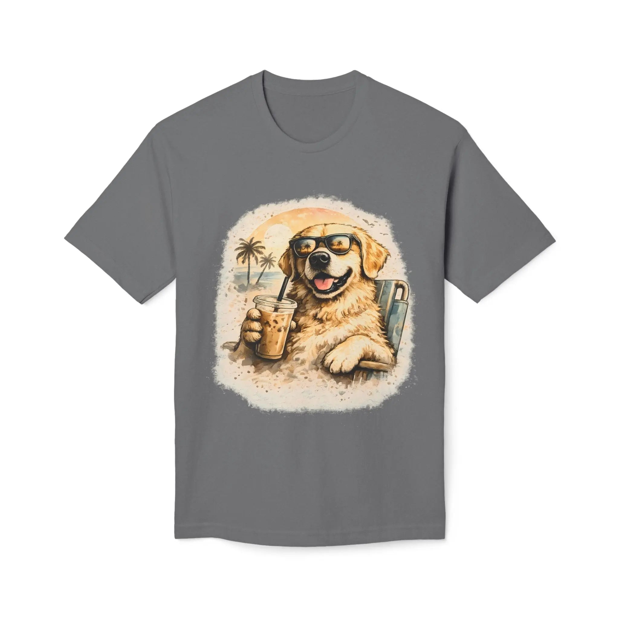 Golden Retriever Beach T-Shirt — Dog with Sunglasses & Drink Printify