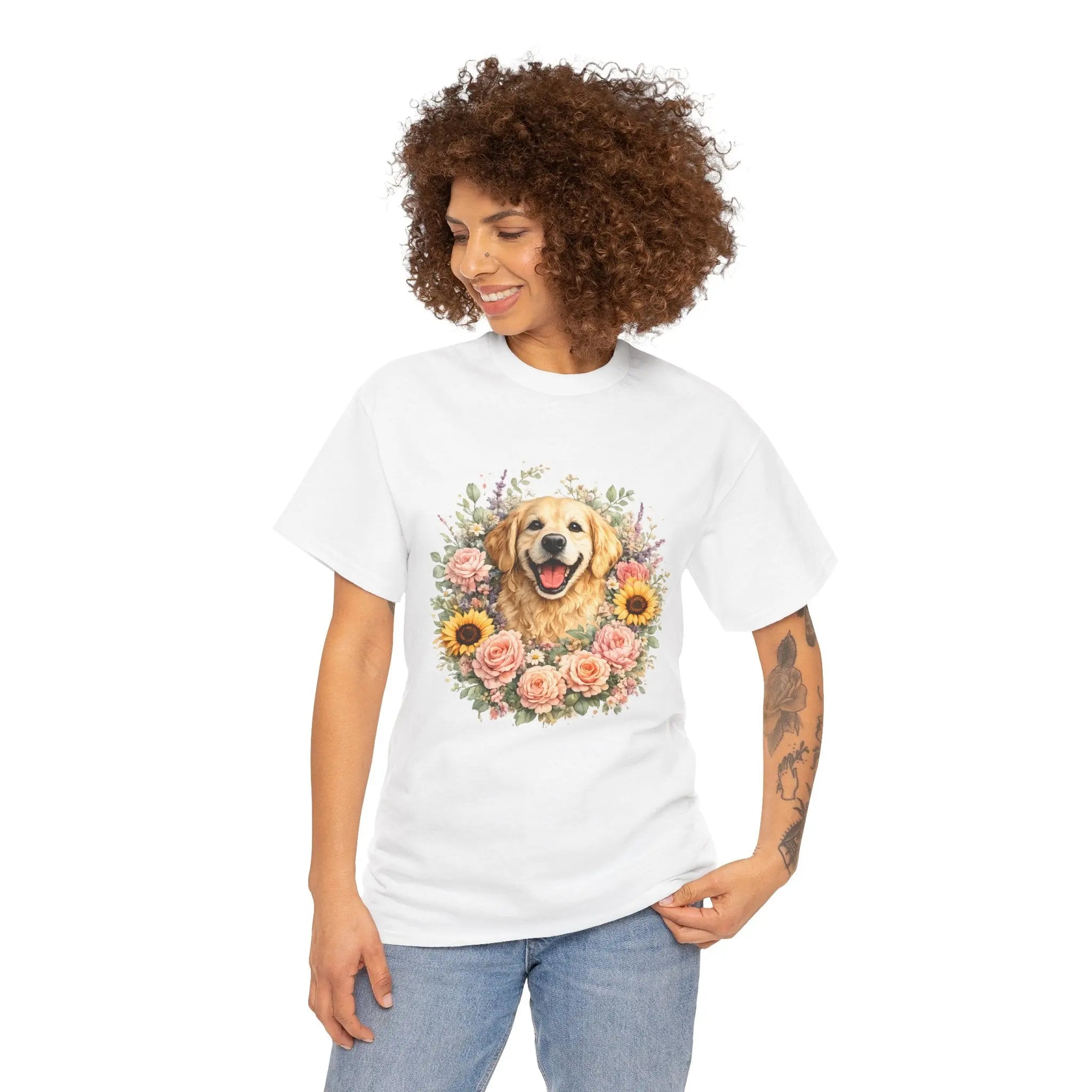 Golden Retriever Floral Tee — Happy Dog with Sunflowers & Roses Printify