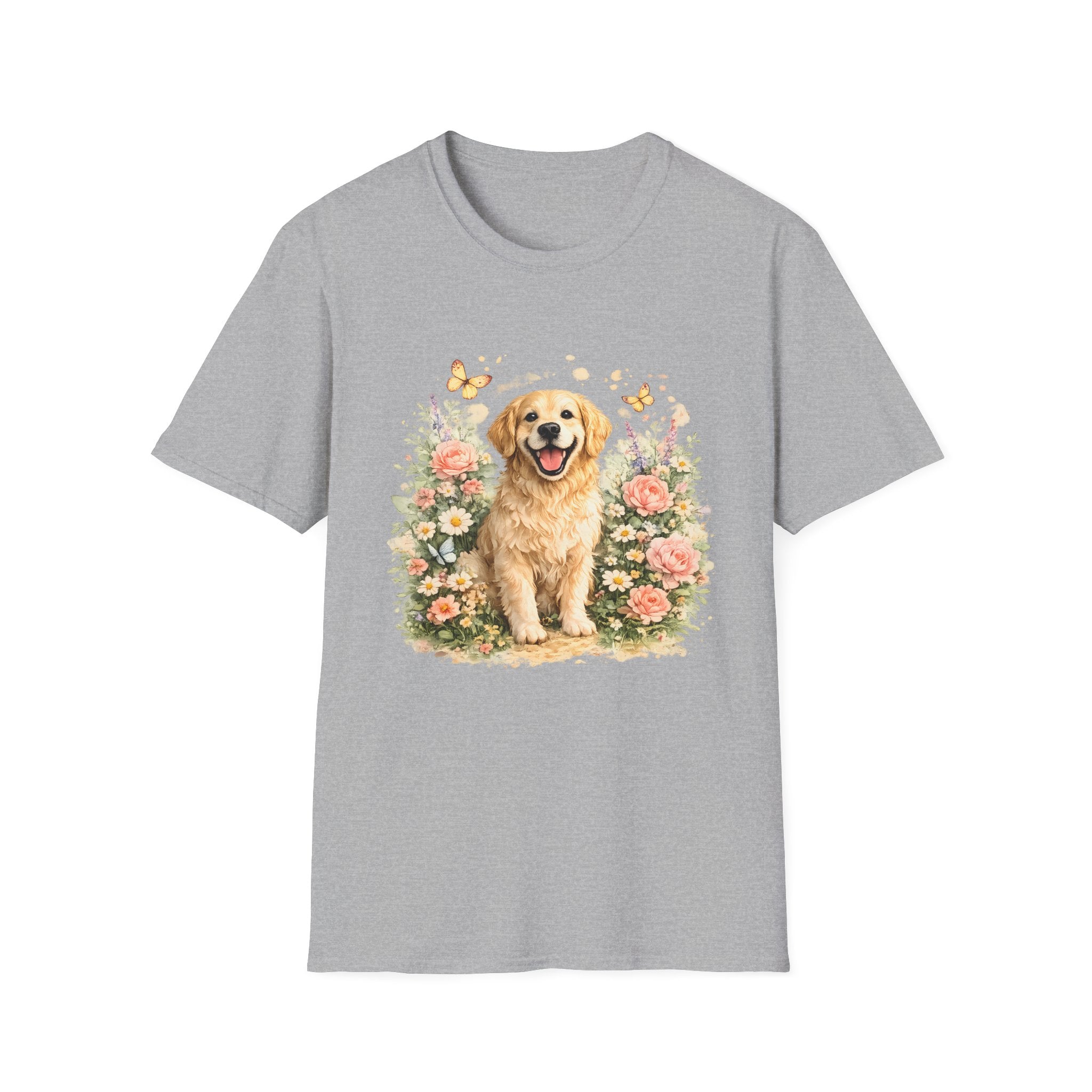 Golden Retriever Floral T-Shirt — Cute Dog with Butterflies Design Printify