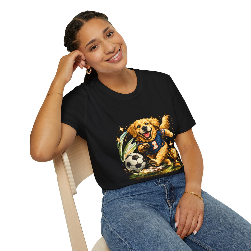 Golden Retriever Soccer T-Shirt — Cute Dog Playing Soccer Graphic Tee Printify