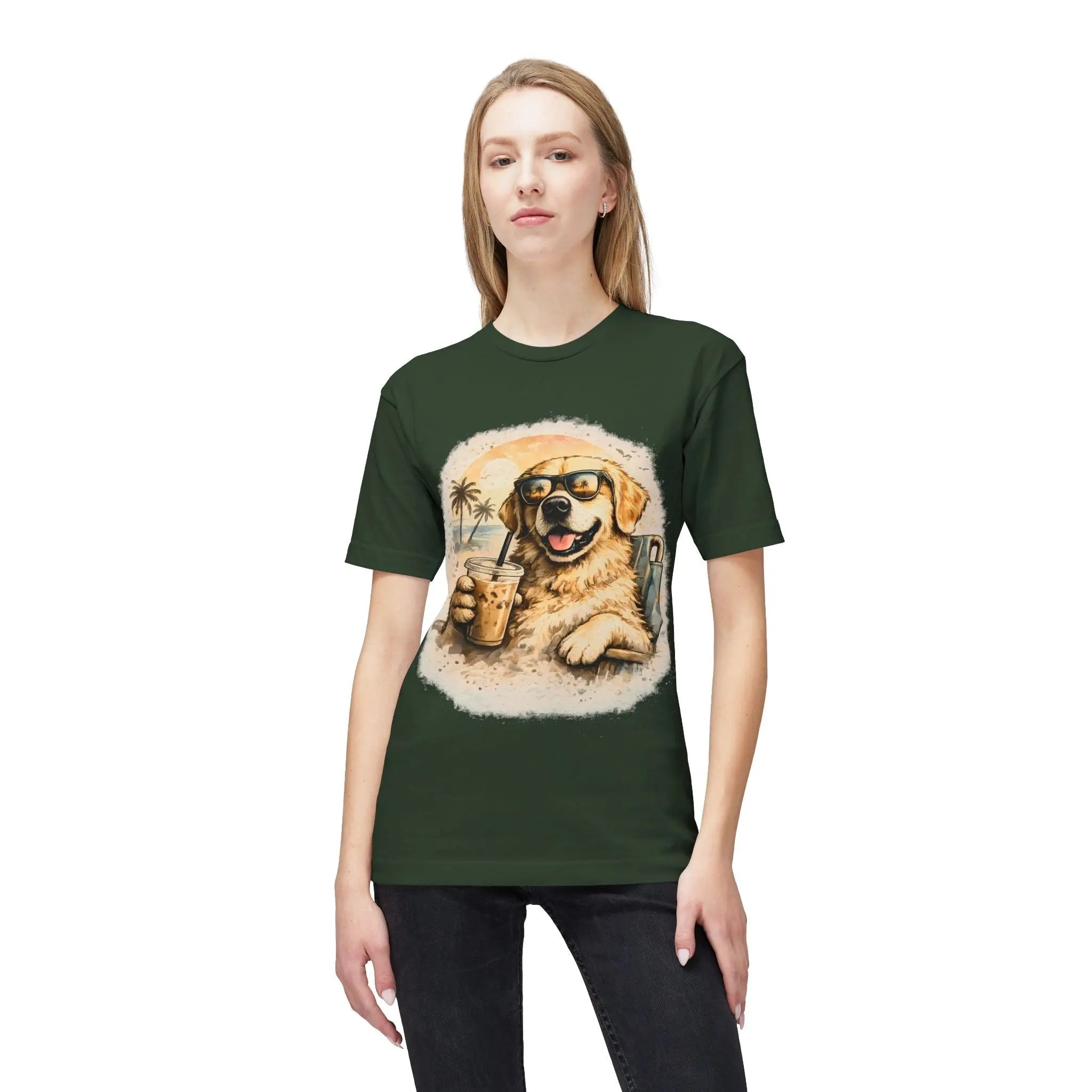 Golden Retriever Beach T-Shirt — Dog with Sunglasses & Drink Printify