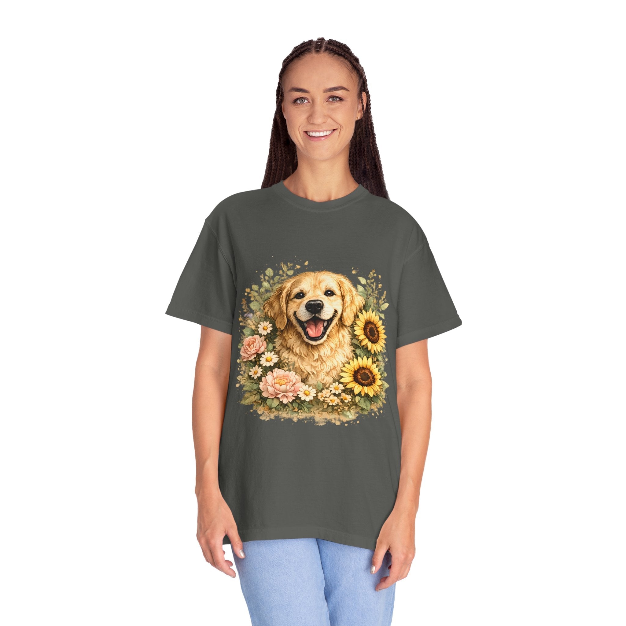 Golden Retriever Sunflower T-Shirt — Happy Dog Floral Tee Printify