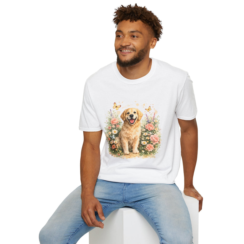Golden Retriever Floral T-Shirt — Cute Dog with Butterflies Design Printify