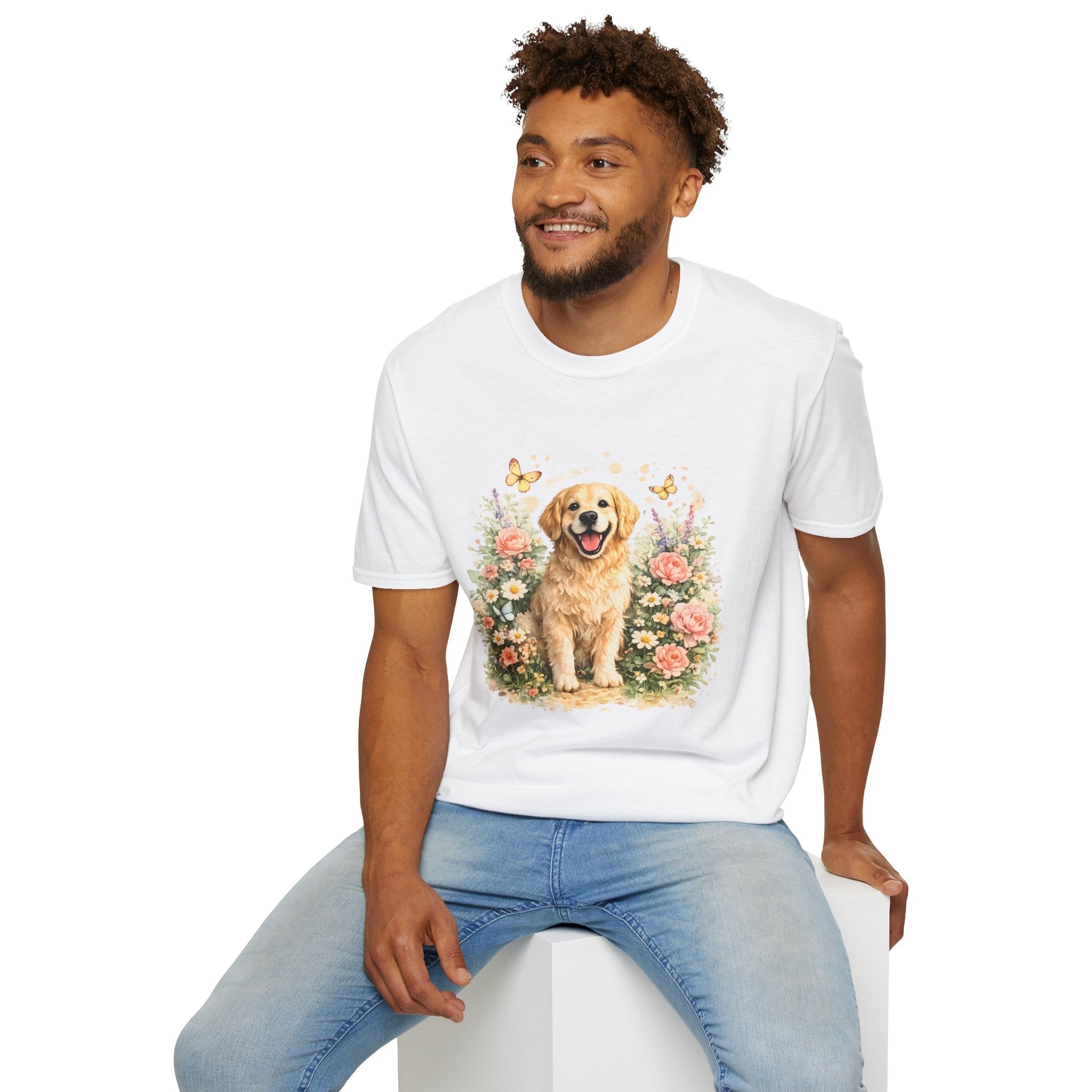 Golden Retriever Floral T-Shirt — Cute Dog with Butterflies Design Printify