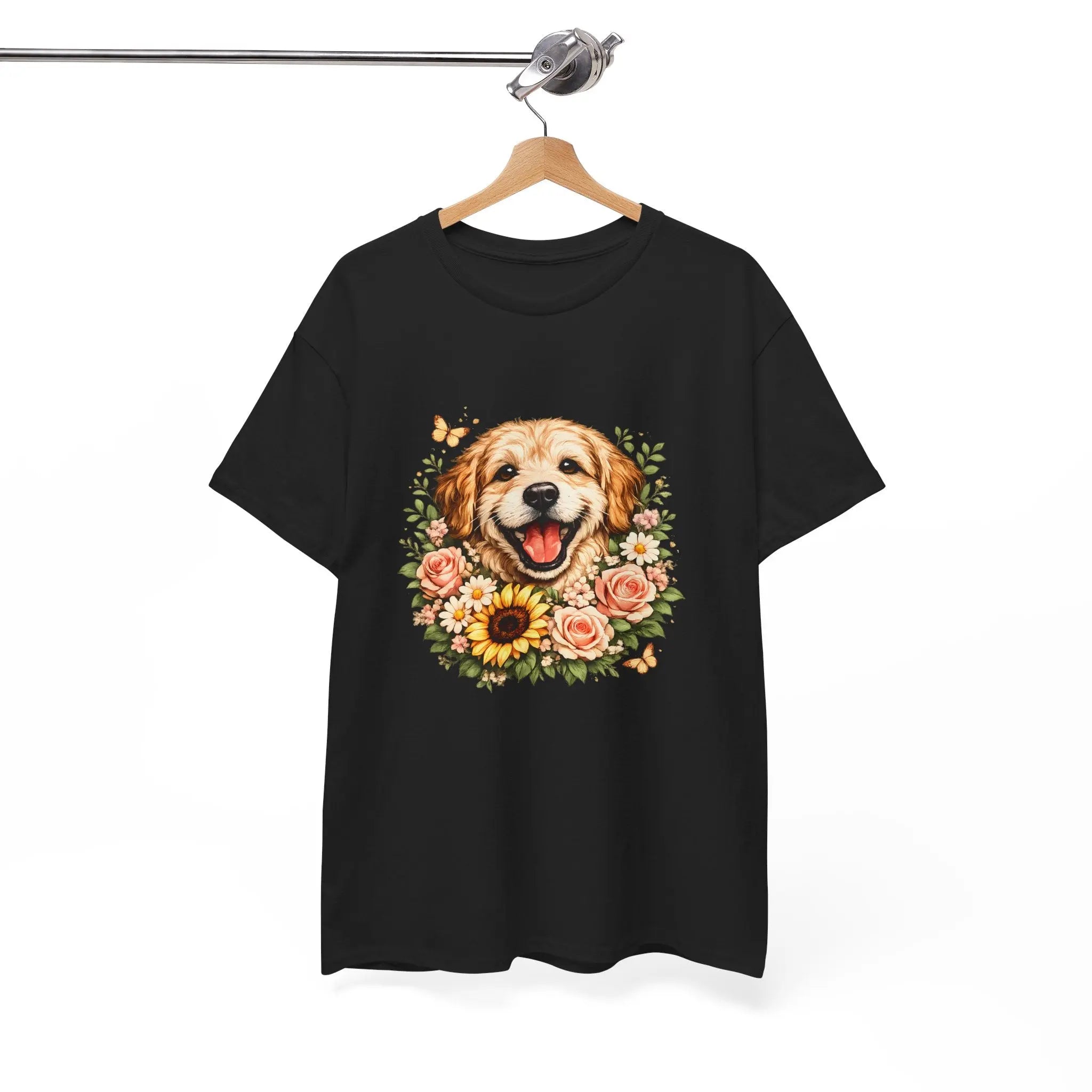 Golden Retriever Floral Tee — Happy Dog with Sunflowers Graphic T-Shirt Printify