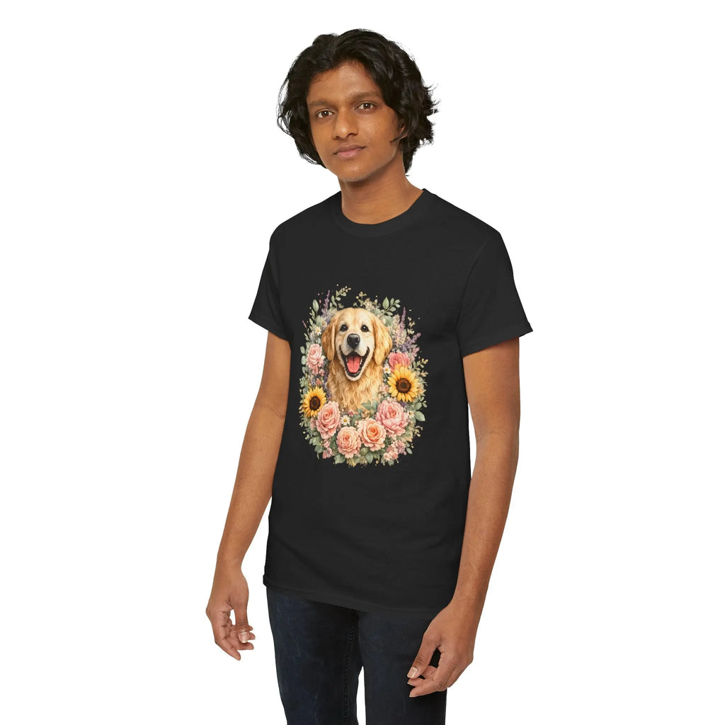 Golden Retriever Floral Tee — Happy Dog with Sunflowers & Roses Printify