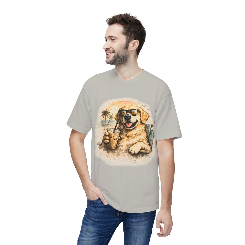 Golden Retriever Beach T-Shirt — Dog with Sunglasses & Drink Printify
