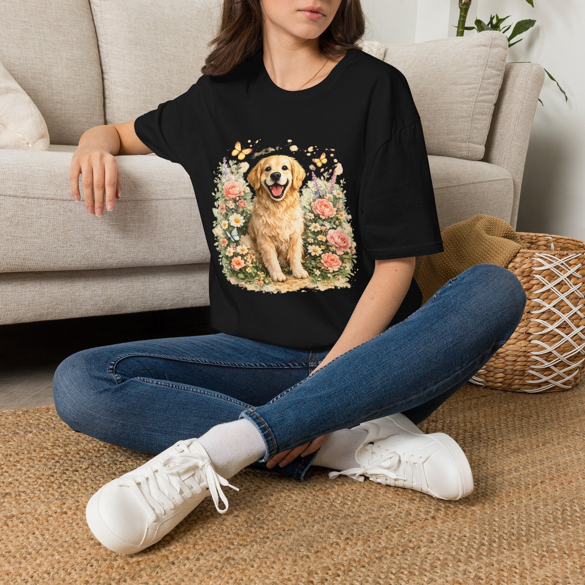 Golden Retriever Floral T-Shirt — Cute Dog with Butterflies Design Printify