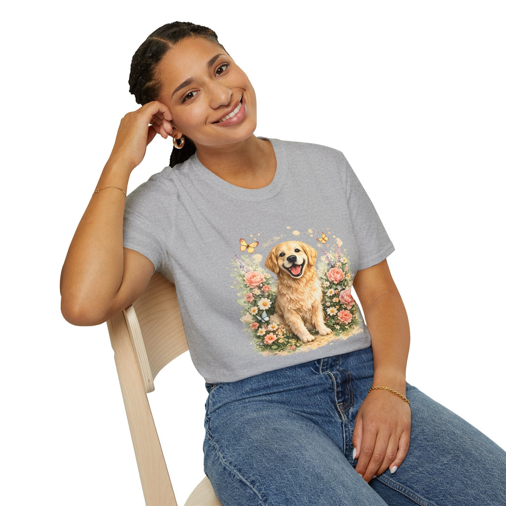 Golden Retriever Floral T-Shirt — Cute Dog with Butterflies Design Printify