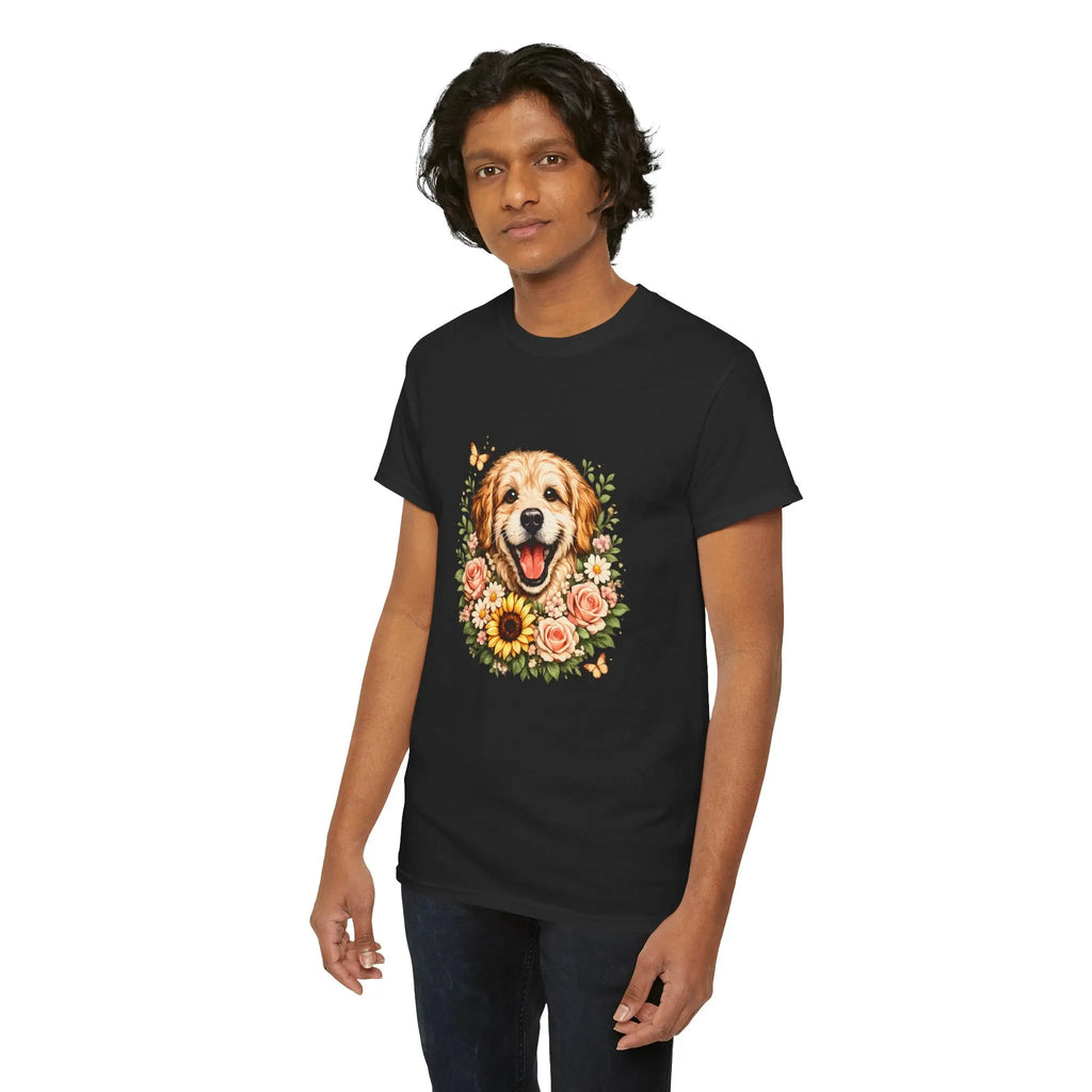 Golden Retriever Floral Tee — Happy Dog with Sunflowers Graphic T-Shirt Printify