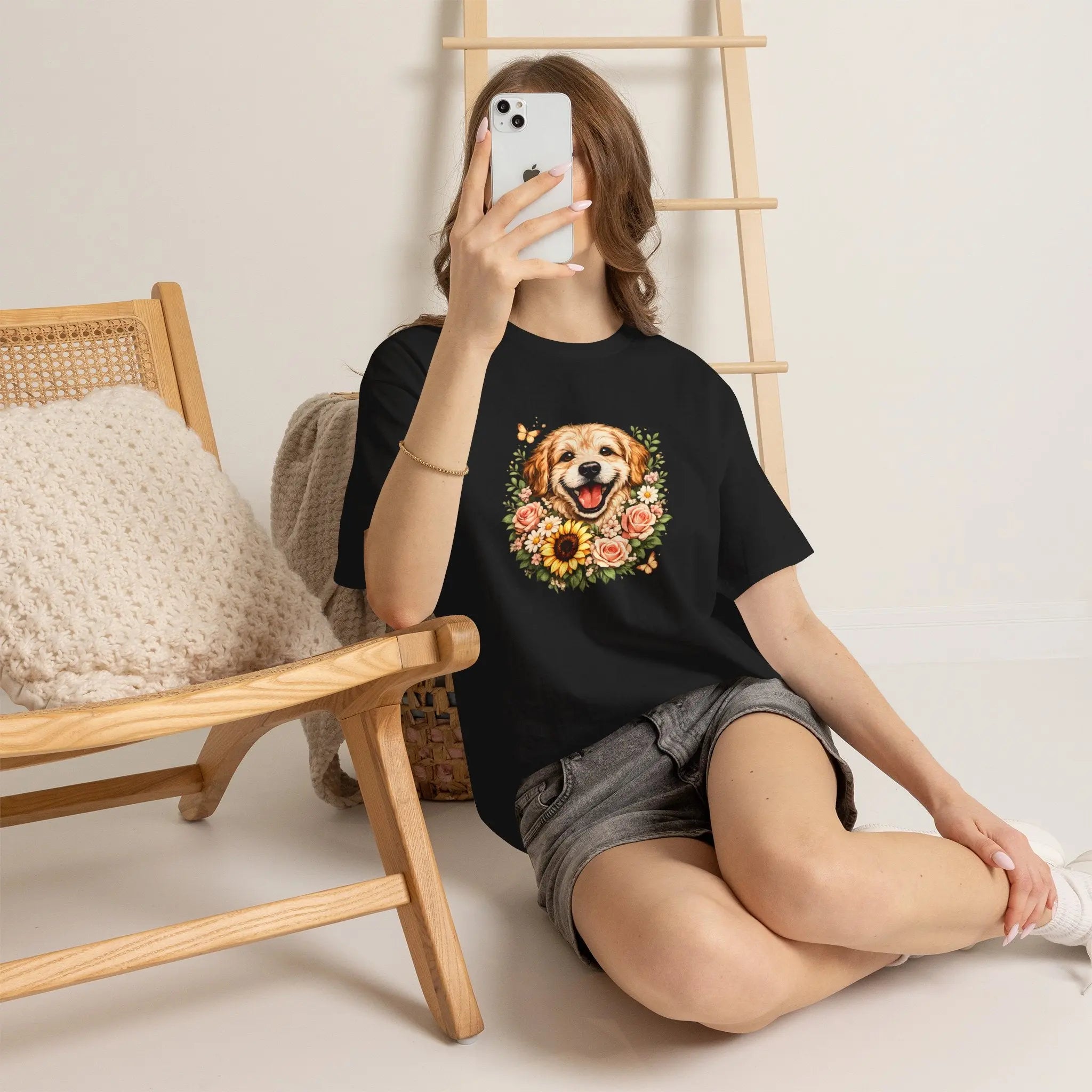 Golden Retriever Floral Tee — Happy Dog with Sunflowers Graphic T-Shirt Printify