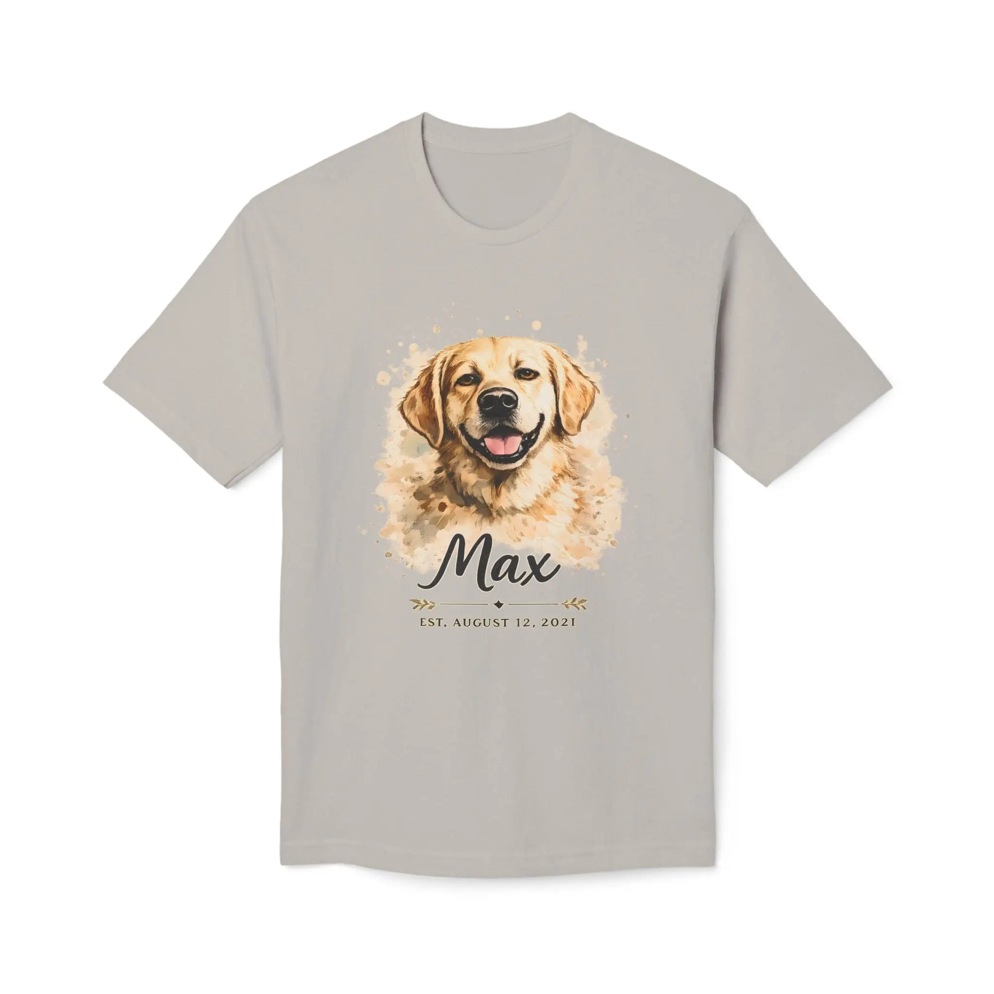 Personalized Dog Portrait Memorial T-Shirt — "Max" Name & Date Printify