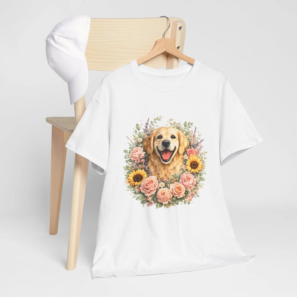 Golden Retriever Floral Tee — Happy Dog with Sunflowers & Roses Printify