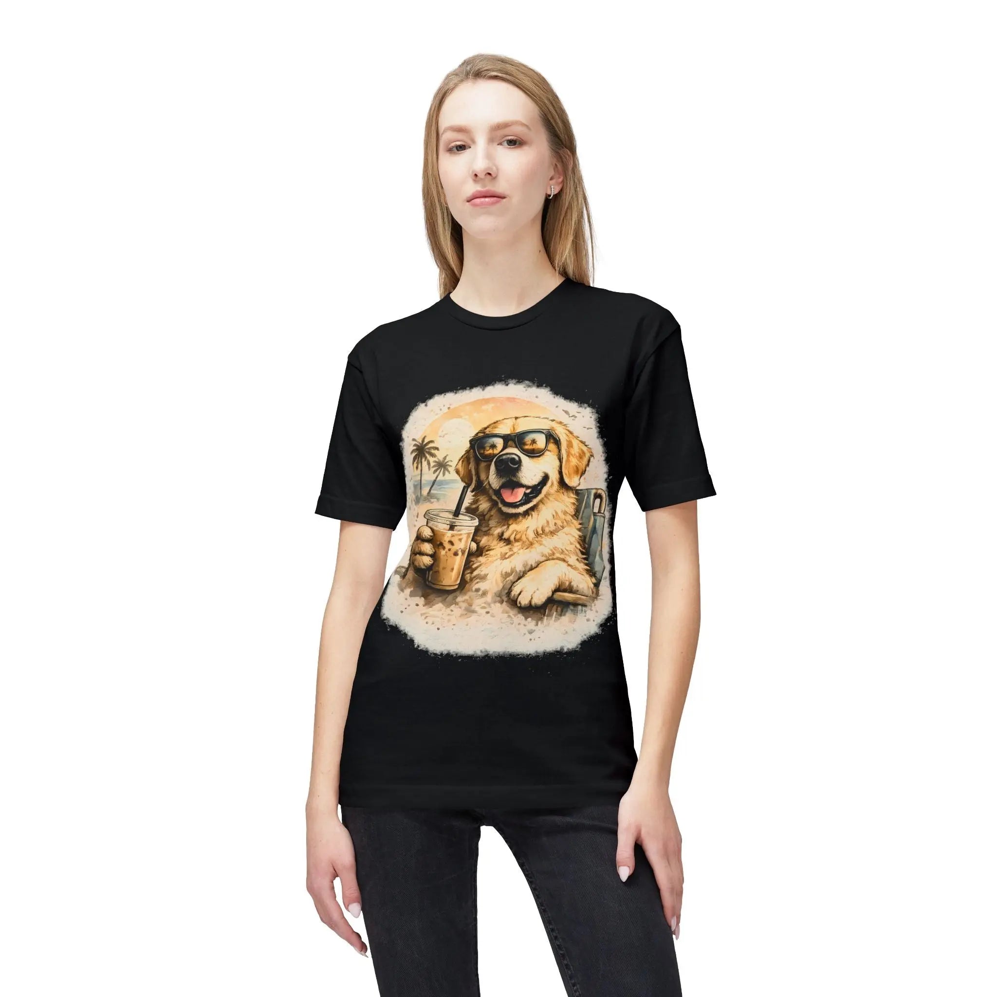 Golden Retriever Beach T-Shirt — Dog with Sunglasses & Drink Printify