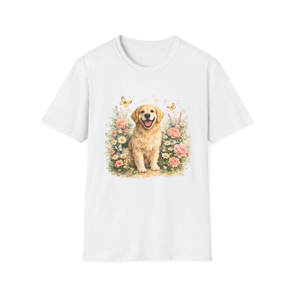 Golden Retriever Floral T-Shirt — Cute Dog with Butterflies Design Printify