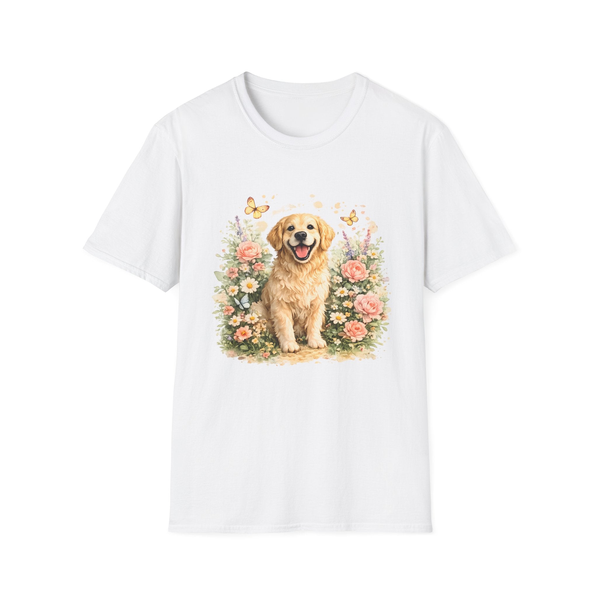 Golden Retriever Floral T-Shirt — Cute Dog with Butterflies Design Printify