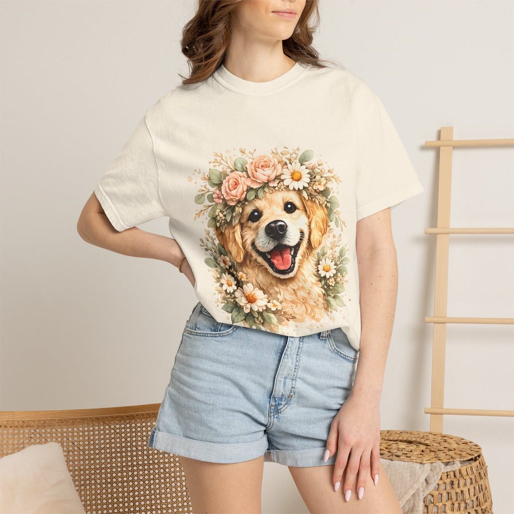 Golden Retriever Floral Crown T-Shirt — Cute Dog Tee for Pet Lovers Printify