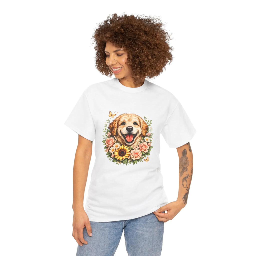 Golden Retriever Floral Tee — Happy Dog with Sunflowers Graphic T-Shirt Printify