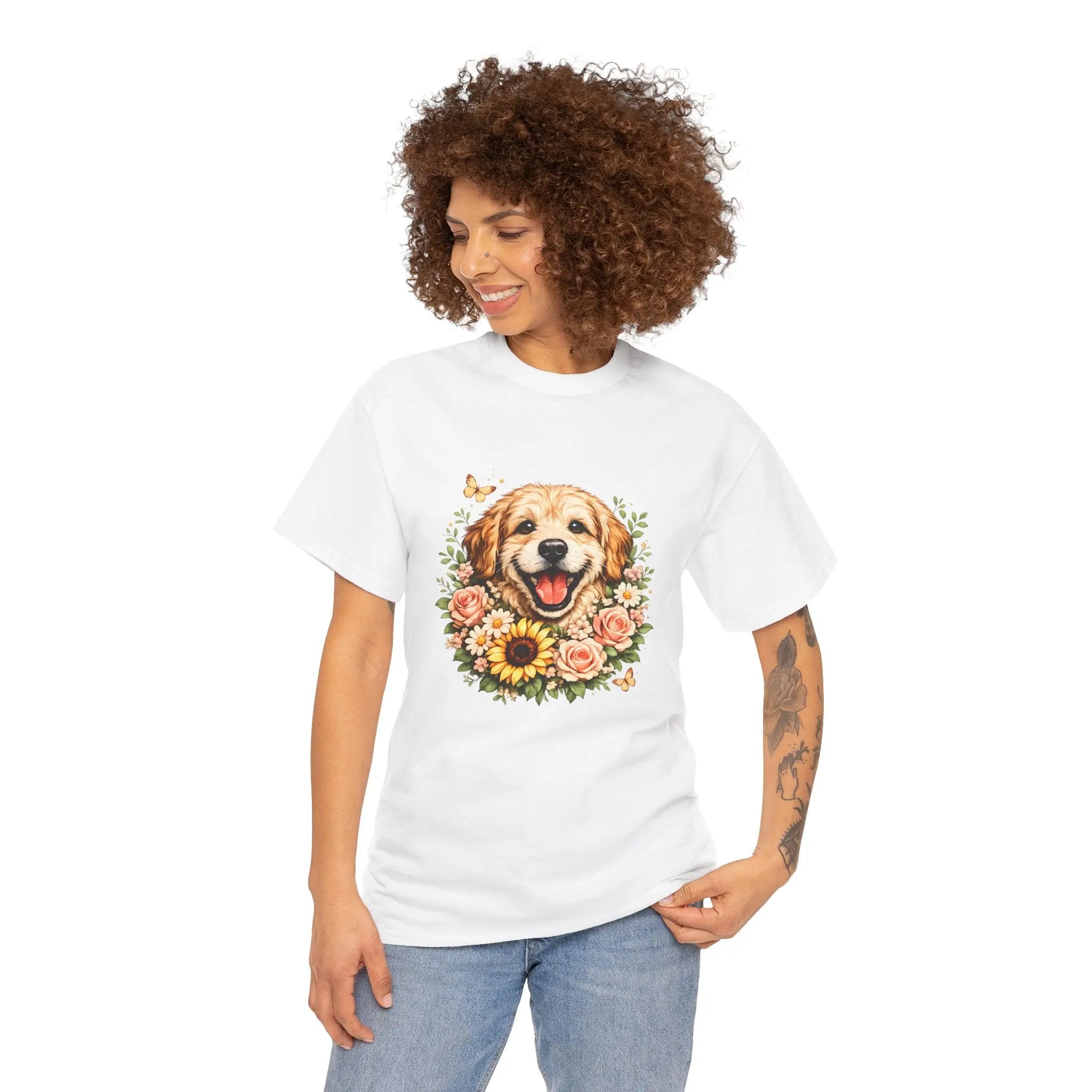 Golden Retriever Floral Tee — Happy Dog with Sunflowers Graphic T-Shirt Printify