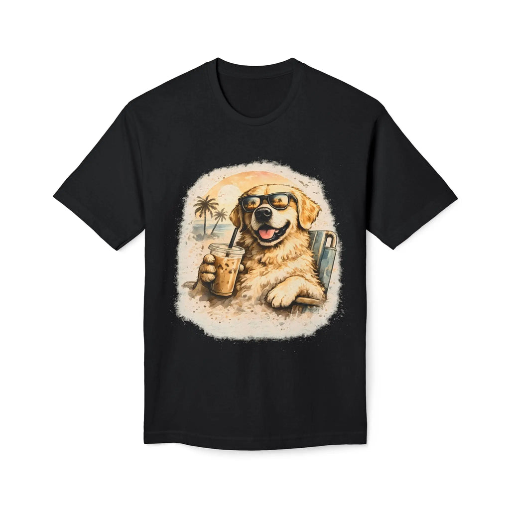 Golden Retriever Beach T-Shirt — Dog with Sunglasses & Drink Printify