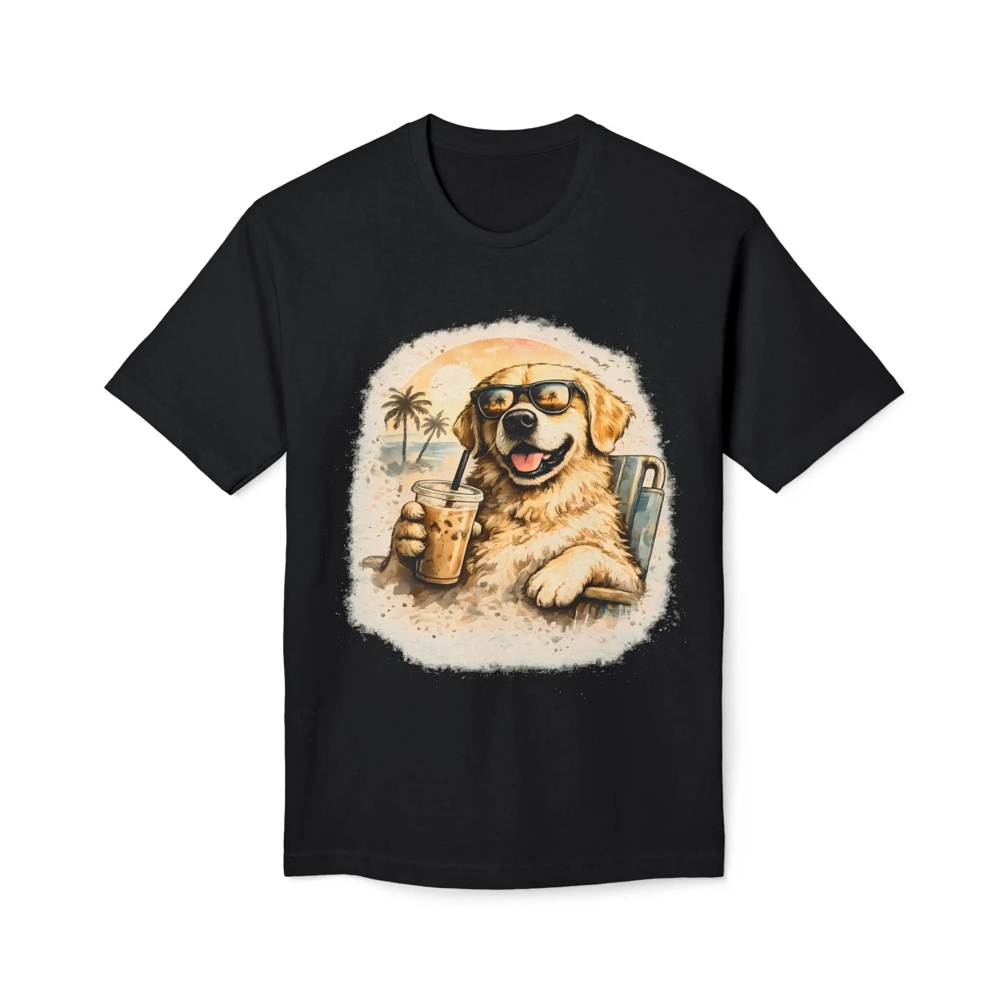 Golden Retriever Beach T-Shirt — Dog with Sunglasses & Drink Printify