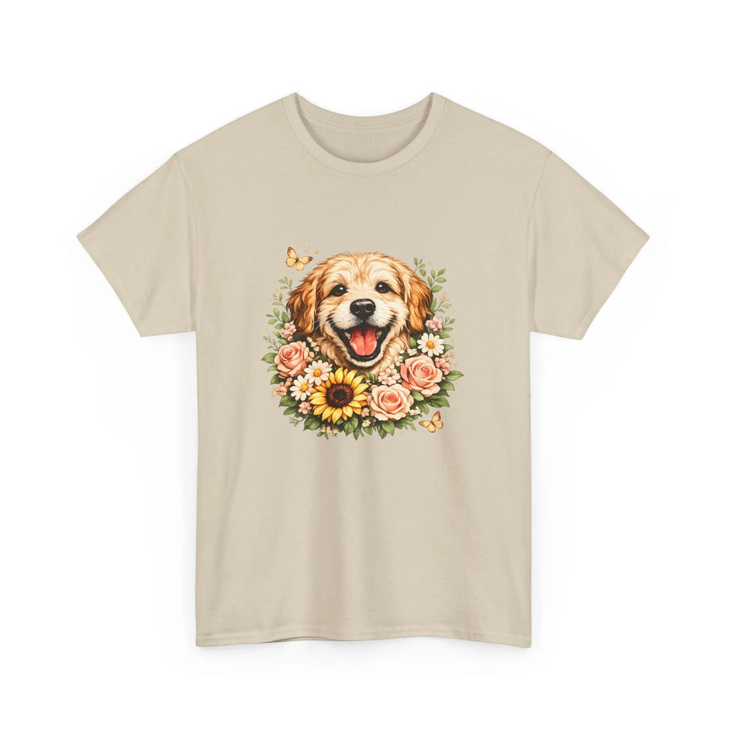 Golden Retriever Floral Tee — Happy Dog with Sunflowers Graphic T-Shirt Printify