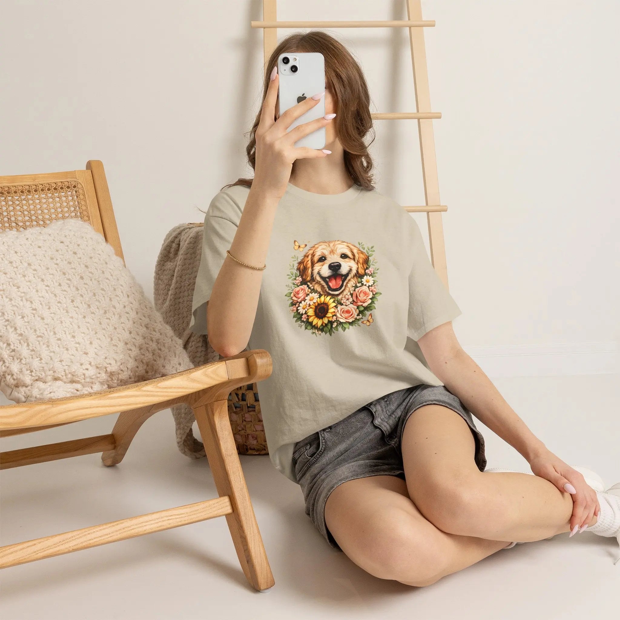 Golden Retriever Floral Tee — Happy Dog with Sunflowers Graphic T-Shirt Printify