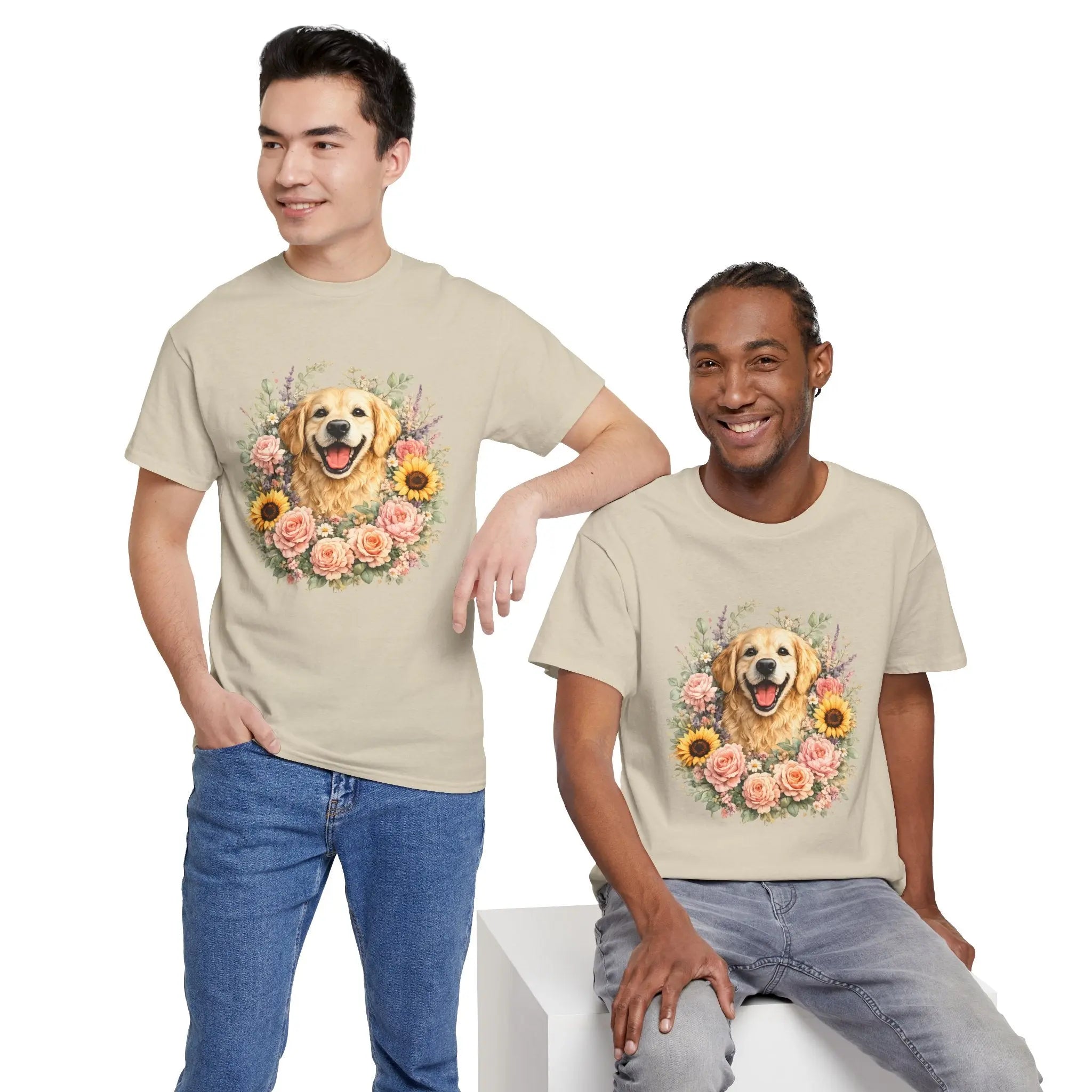 Golden Retriever Floral Tee — Happy Dog with Sunflowers & Roses Printify