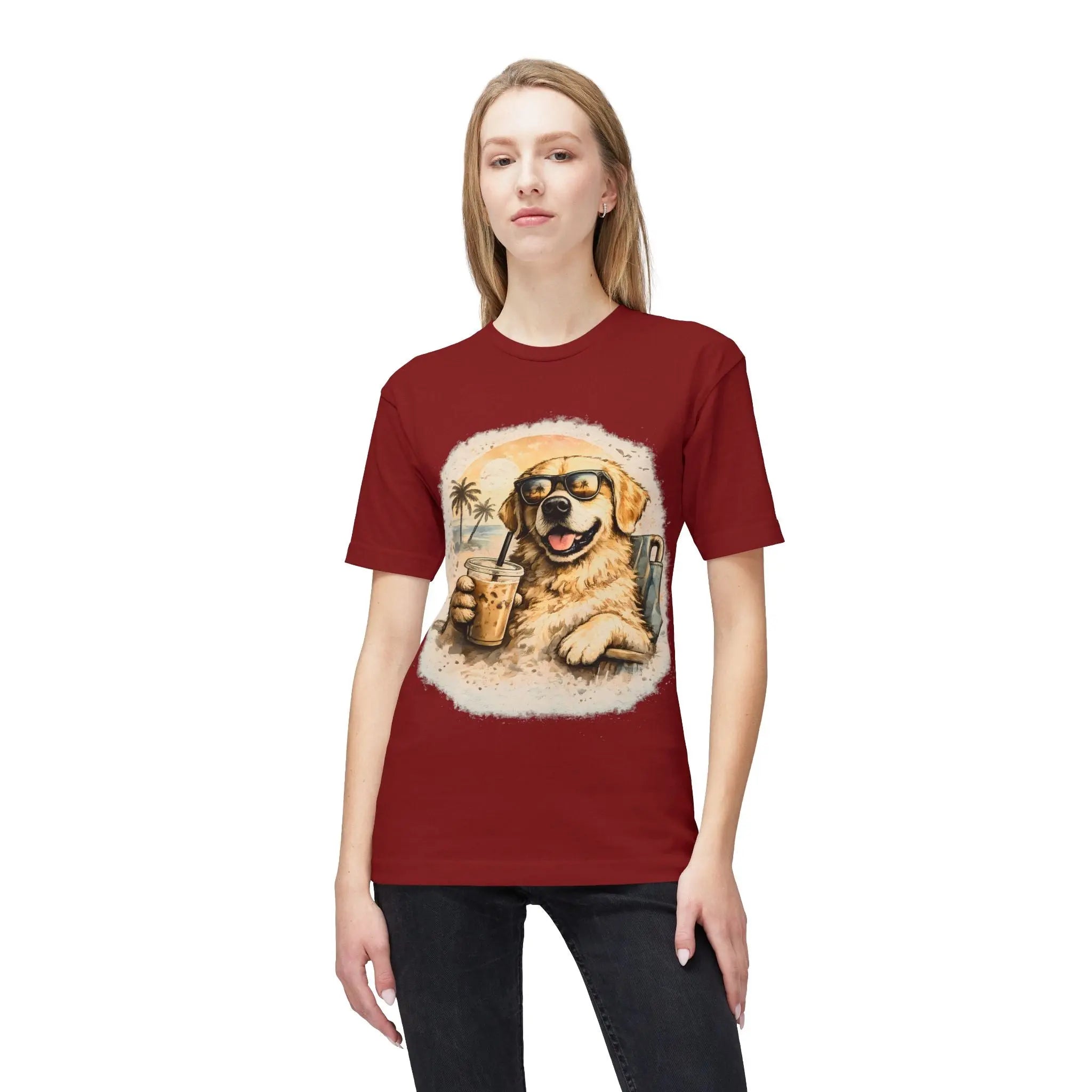 Golden Retriever Beach T-Shirt — Dog with Sunglasses & Drink Printify