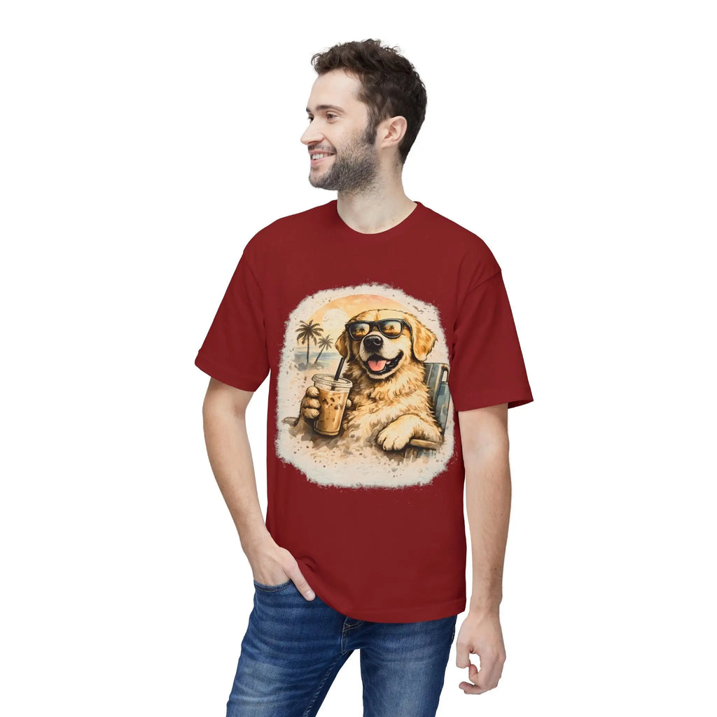 Golden Retriever Beach T-Shirt — Dog with Sunglasses & Drink Printify