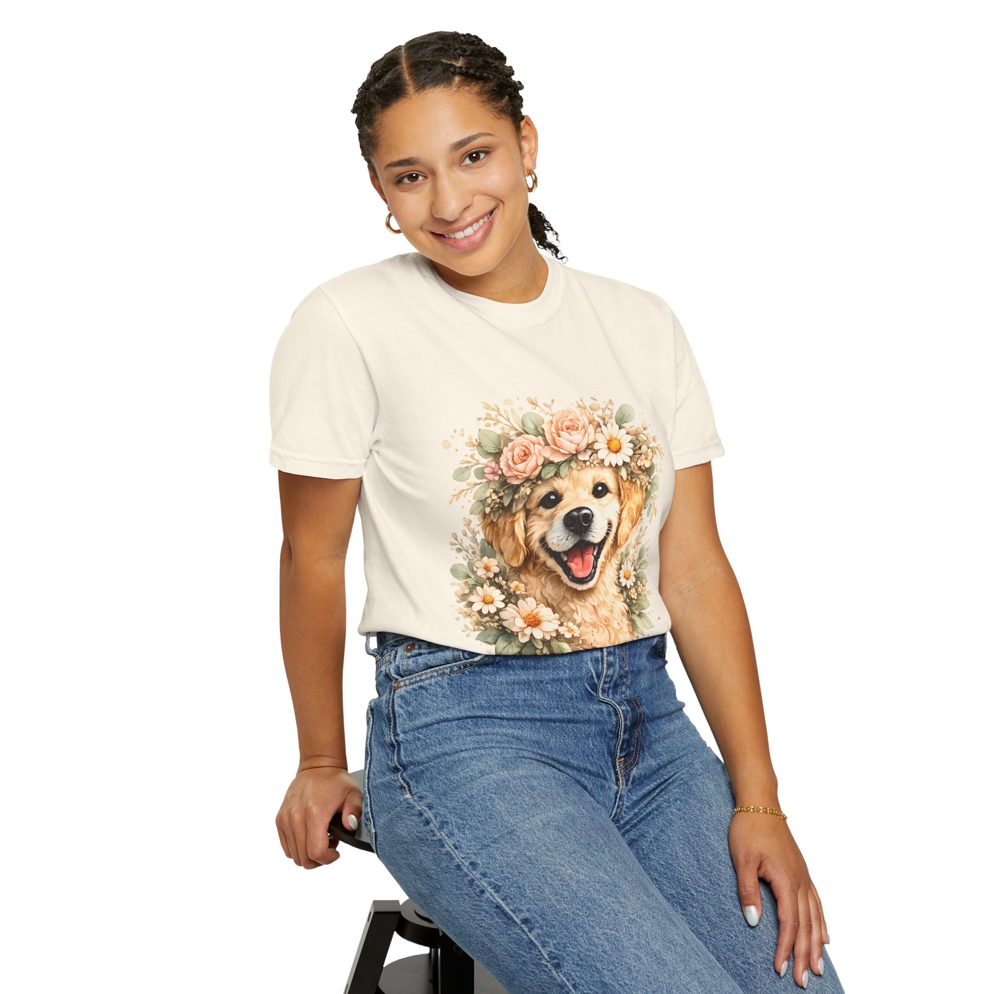 Golden Retriever Floral Crown T-Shirt — Cute Dog Tee for Pet Lovers Printify