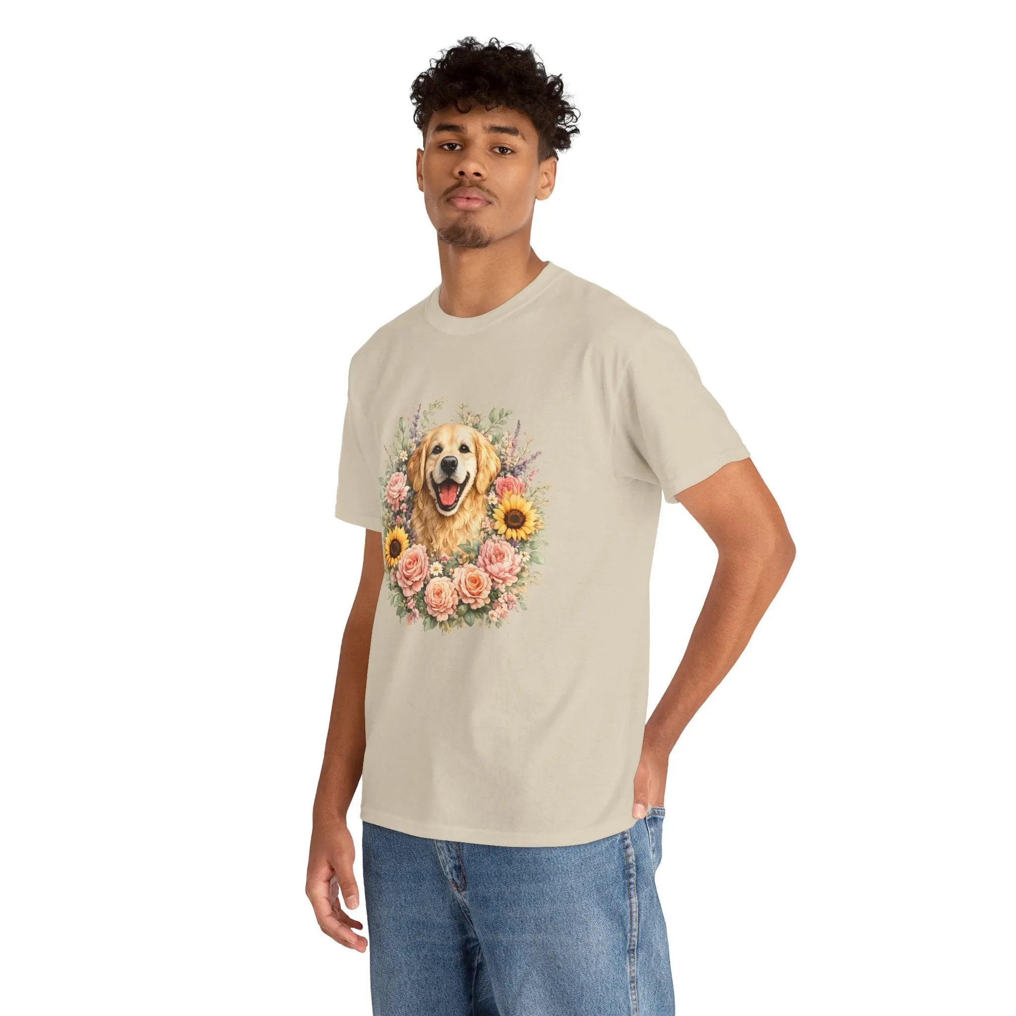 Golden Retriever Floral Tee — Happy Dog with Sunflowers & Roses Printify