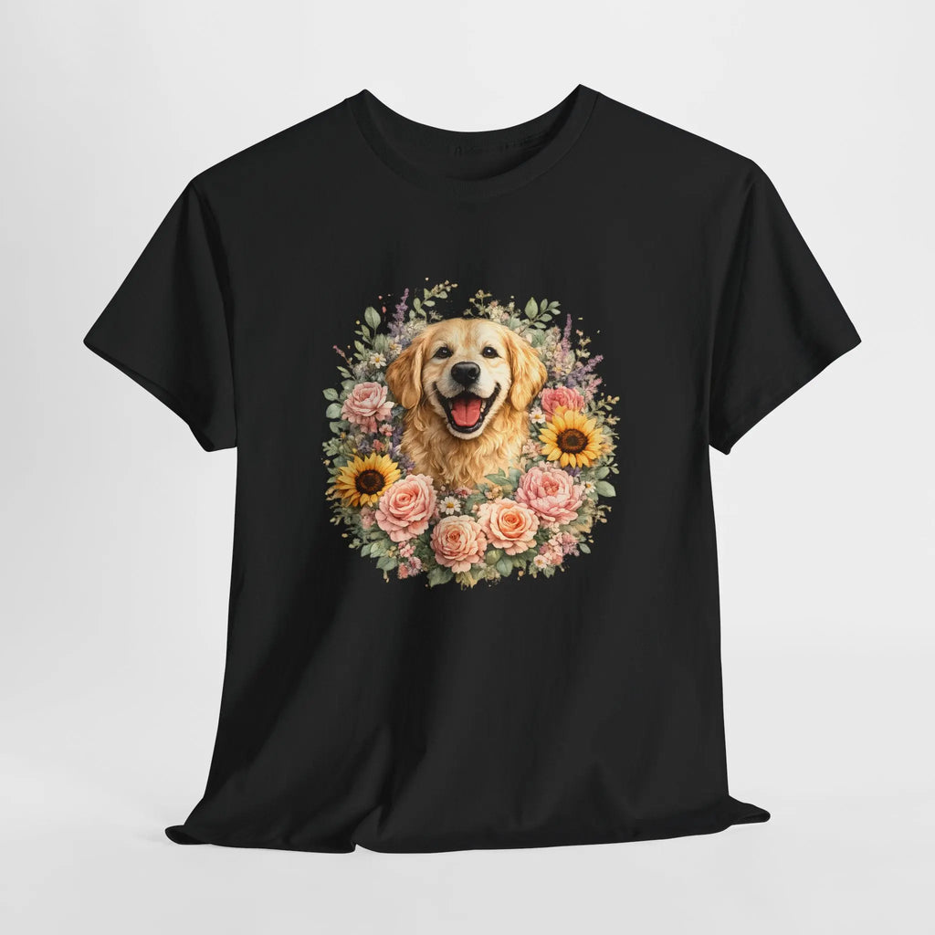 Golden Retriever Floral Tee — Happy Dog with Sunflowers & Roses Printify