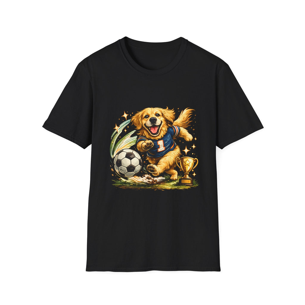 Golden Retriever Soccer T-Shirt — Cute Dog Playing Soccer Graphic Tee Printify