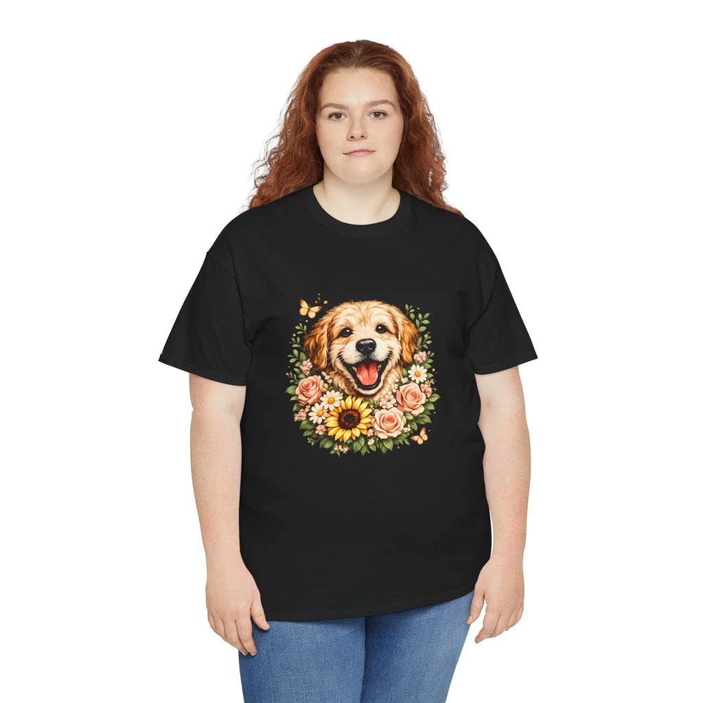 Golden Retriever Floral Tee — Happy Dog with Sunflowers Graphic T-Shirt Printify