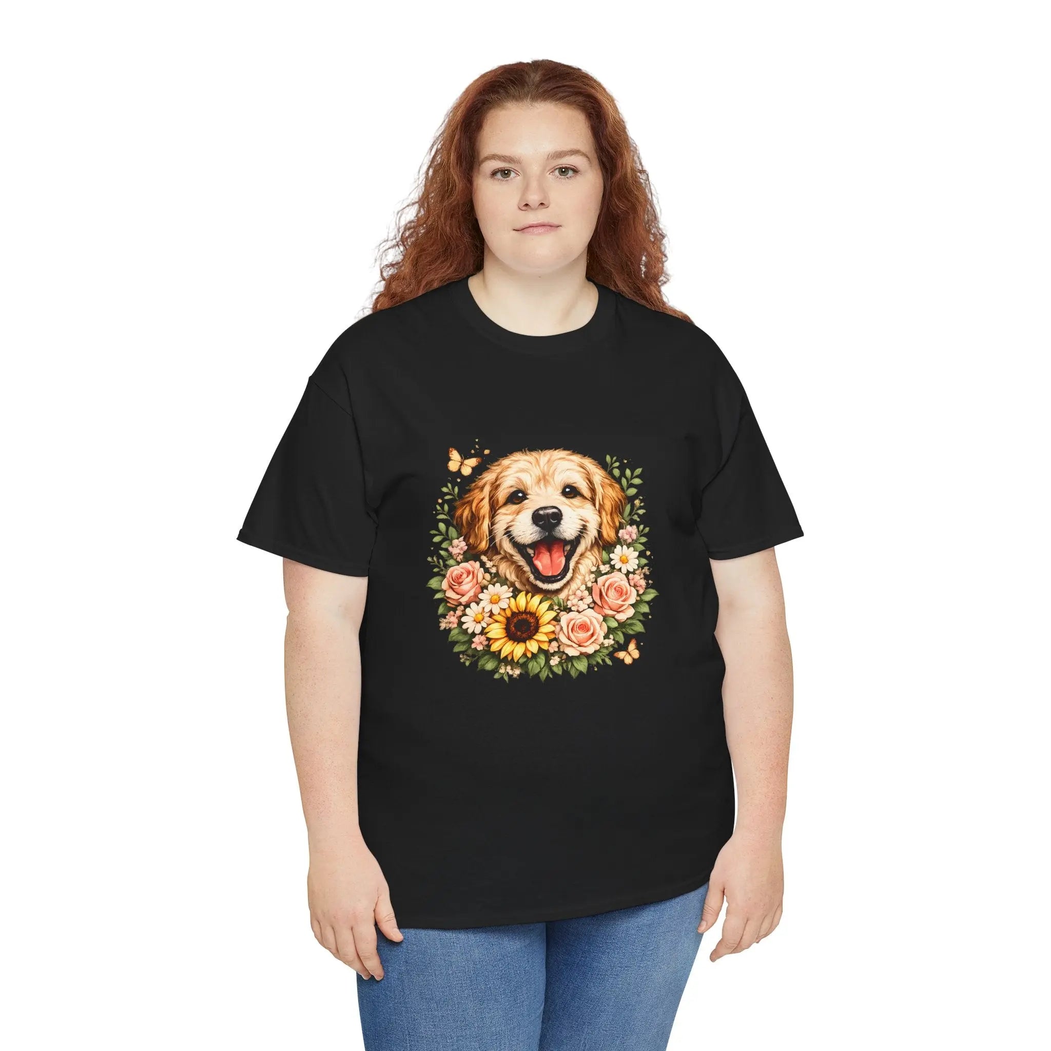 Golden Retriever Floral Tee — Happy Dog with Sunflowers Graphic T-Shirt Printify