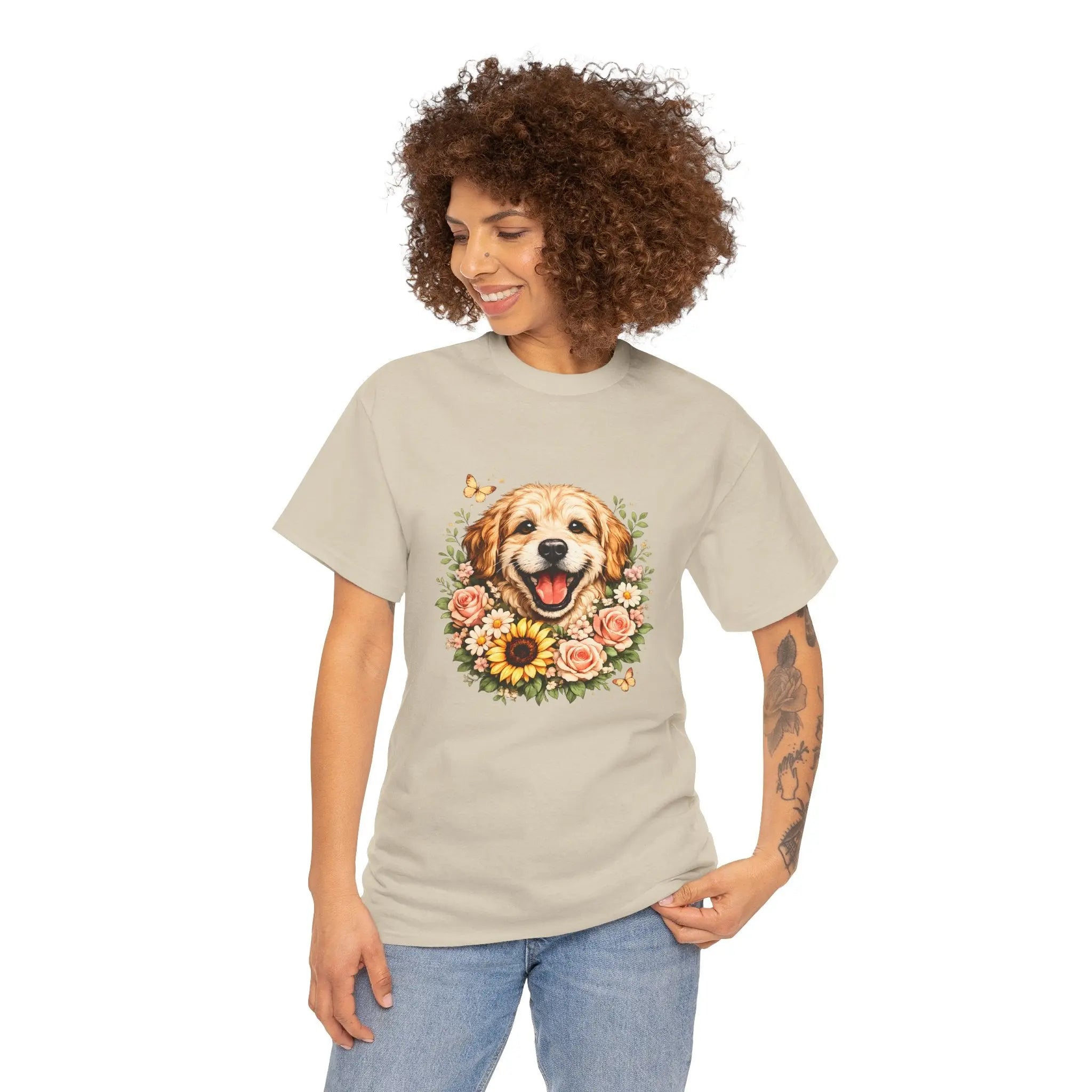 Golden Retriever Floral Tee — Happy Dog with Sunflowers Graphic T-Shirt Printify