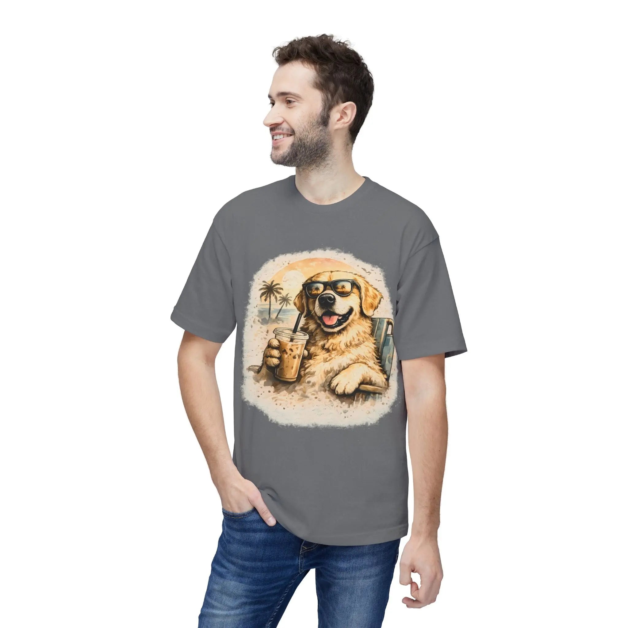 Golden Retriever Beach T-Shirt — Dog with Sunglasses & Drink Printify